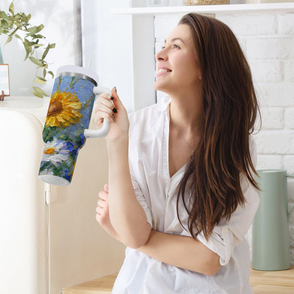 40 oz Insulated Stainless Steel Tumbler Double Wall Stainless Steel Tumbler with 2-Way Drinking Sunflowers and Daisies - 1NOK