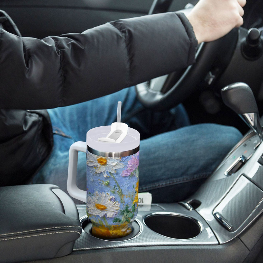 40 oz Insulated Stainless Steel Tumbler Double Wall Stainless Steel Tumbler with 2-Way Drinking Sunflowers and Daisies - 1NOK