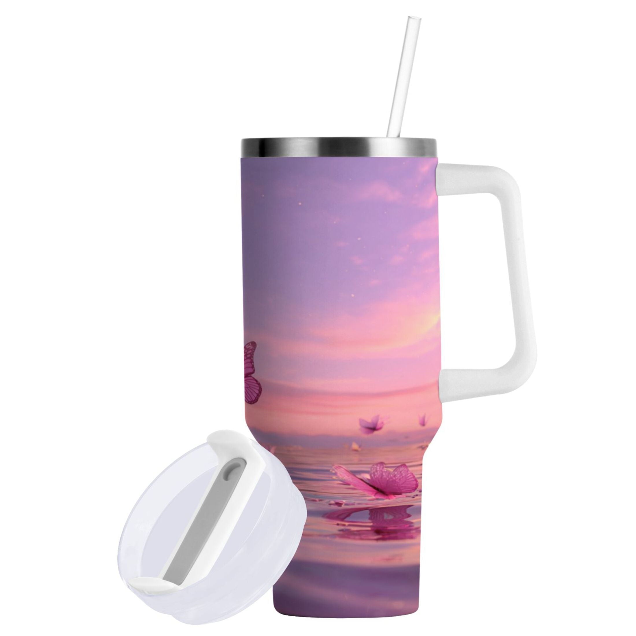 30 oz Insulated Stainless Steel Tumbler Double Wall Stainless Steel Tumbler with 2-Way Drinking Pink Butterflies Flying - XKQH