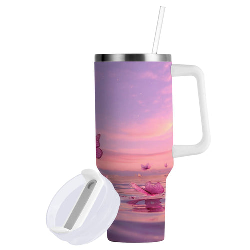 30 oz Insulated Stainless Steel Tumbler Double Wall Stainless Steel Tumbler with 2-Way Drinking Pink Butterflies Flying - XKQH