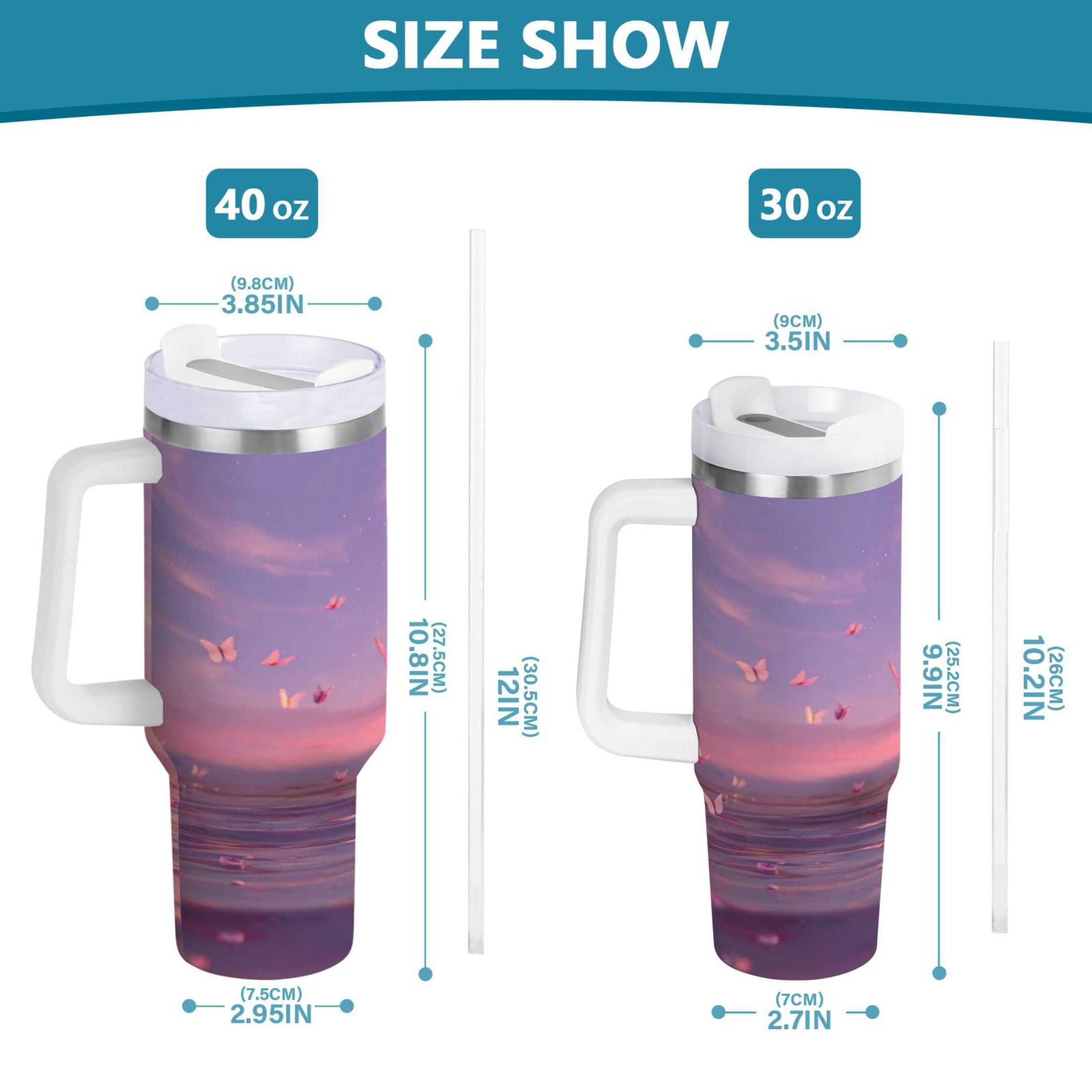 30 oz Insulated Stainless Steel Tumbler Double Wall Stainless Steel Tumbler with 2-Way Drinking Pink Butterflies Flying - XKQH