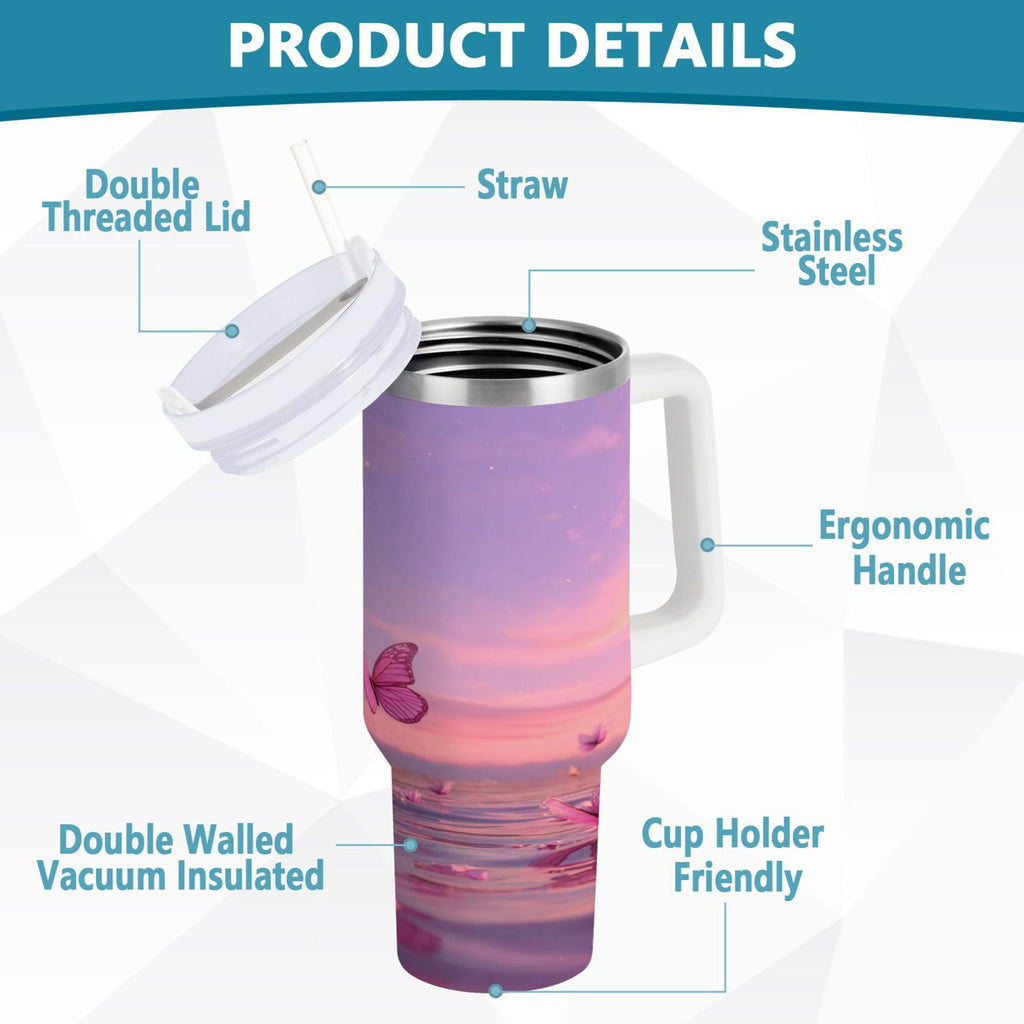 30 oz Insulated Stainless Steel Tumbler Double Wall Stainless Steel Tumbler with 2-Way Drinking Pink Butterflies Flying - XKQH