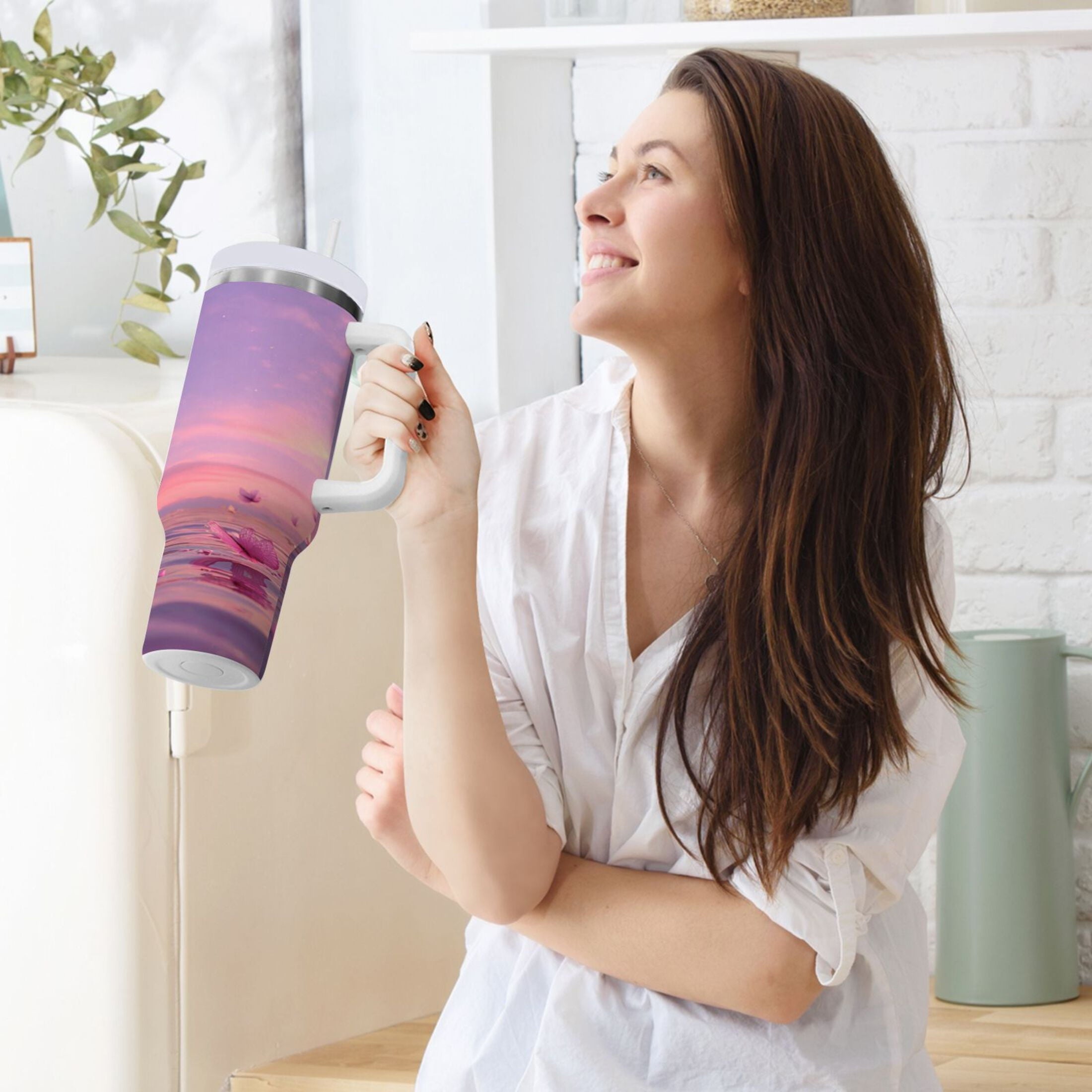 30 oz Insulated Stainless Steel Tumbler Double Wall Stainless Steel Tumbler with 2-Way Drinking Pink Butterflies Flying - XKQH