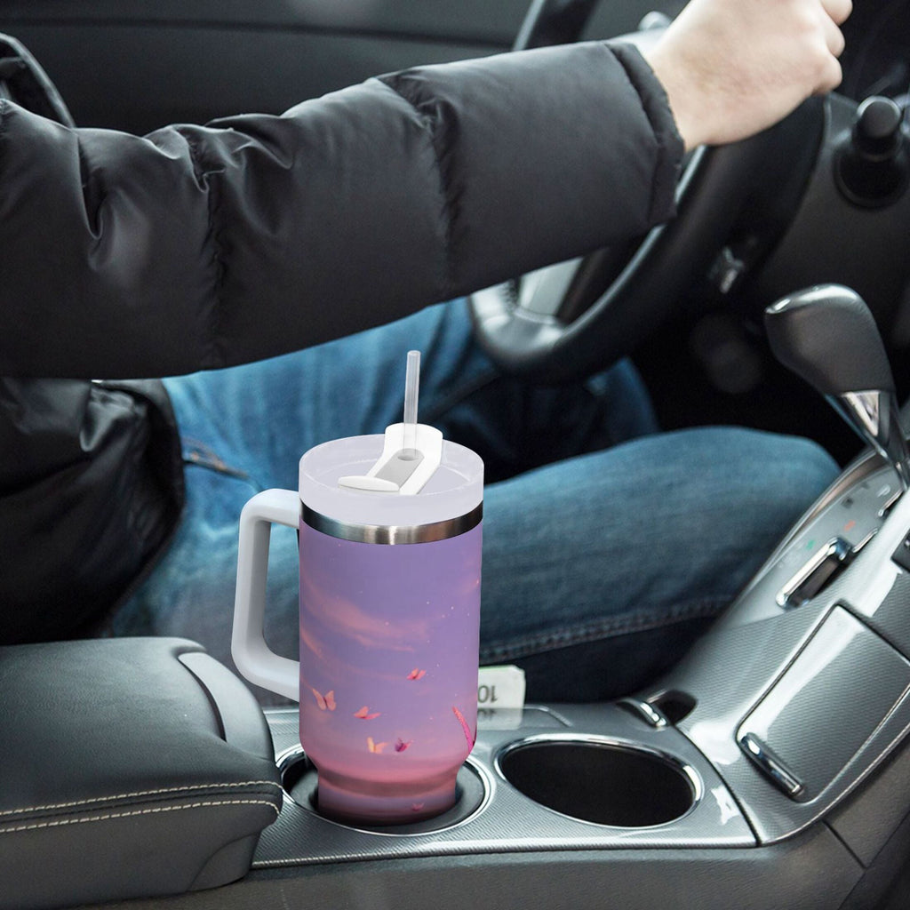 30 oz Insulated Stainless Steel Tumbler Double Wall Stainless Steel Tumbler with 2-Way Drinking Pink Butterflies Flying - XKQH