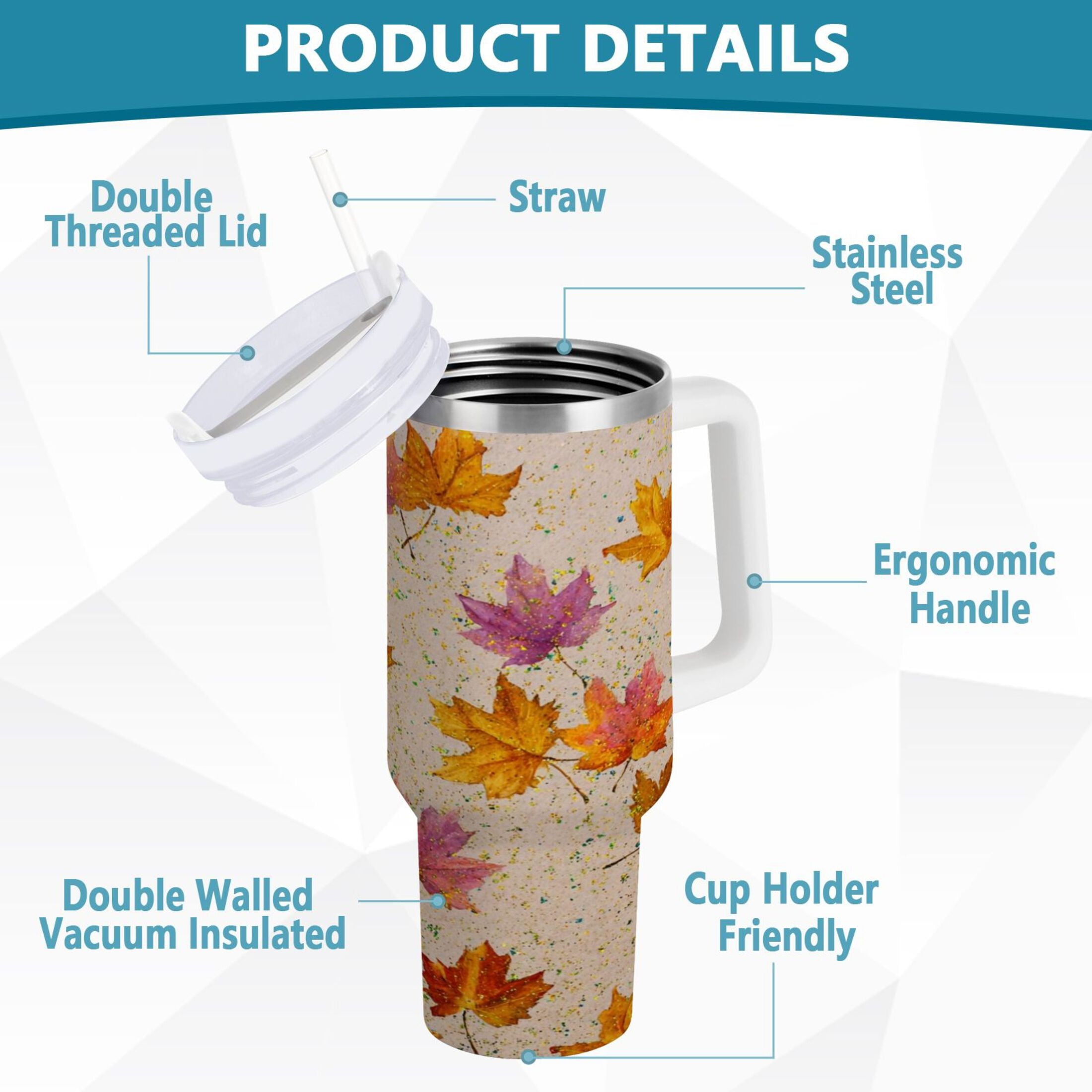 40 oz Insulated Stainless Steel Tumbler Double Wall Stainless Steel Tumbler with 2-Way Drinking Colored Autumn Leaves - 2OMS