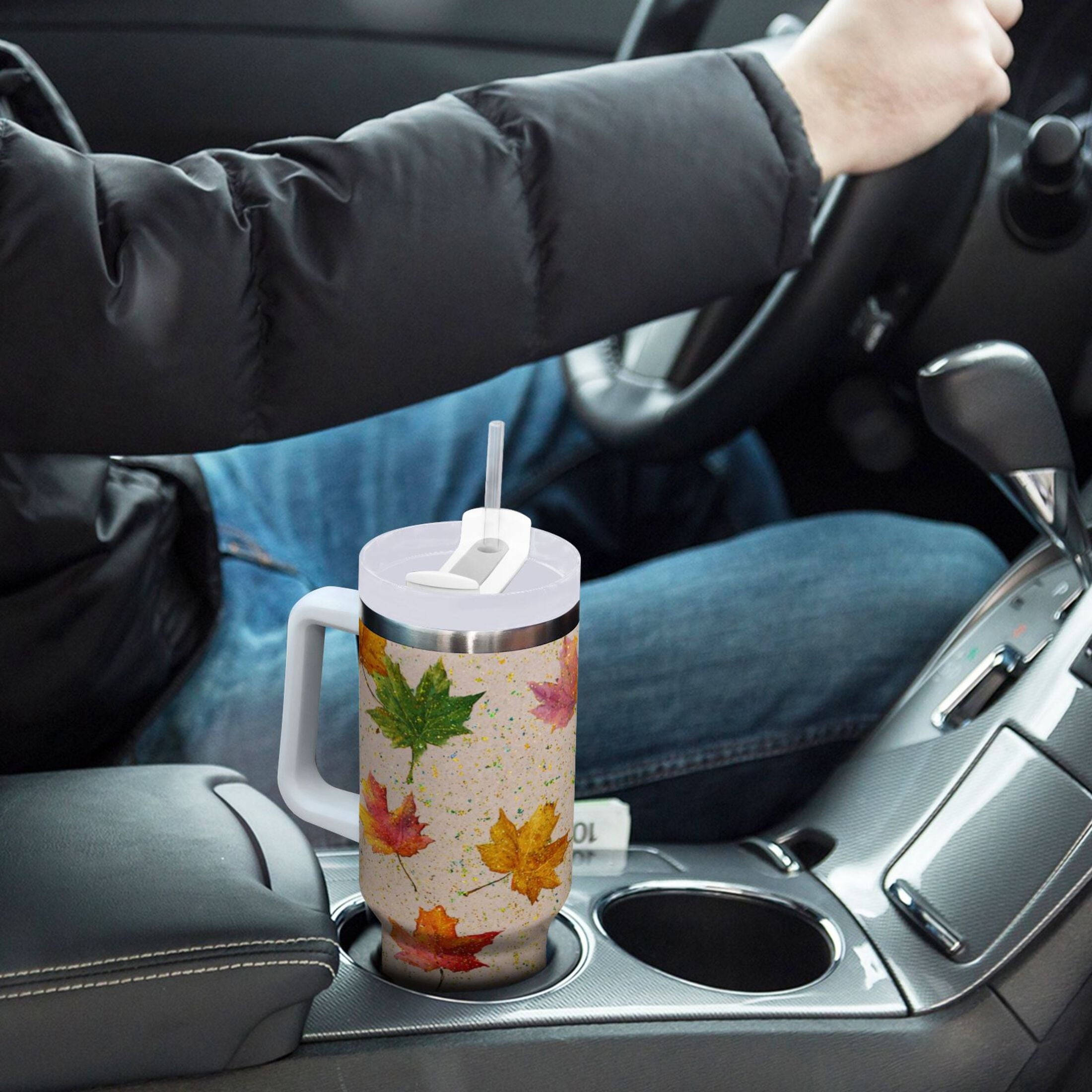 40 oz Insulated Stainless Steel Tumbler Double Wall Stainless Steel Tumbler with 2-Way Drinking Colored Autumn Leaves - 2OMS