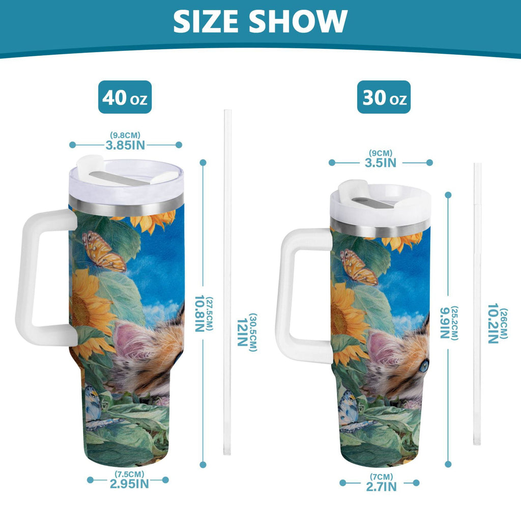 40 oz Insulated Stainless Steel Tumbler Double Wall Stainless Steel Tumbler with 2-Way Drinking Playful Cat Lying Sunflowers - DSLP