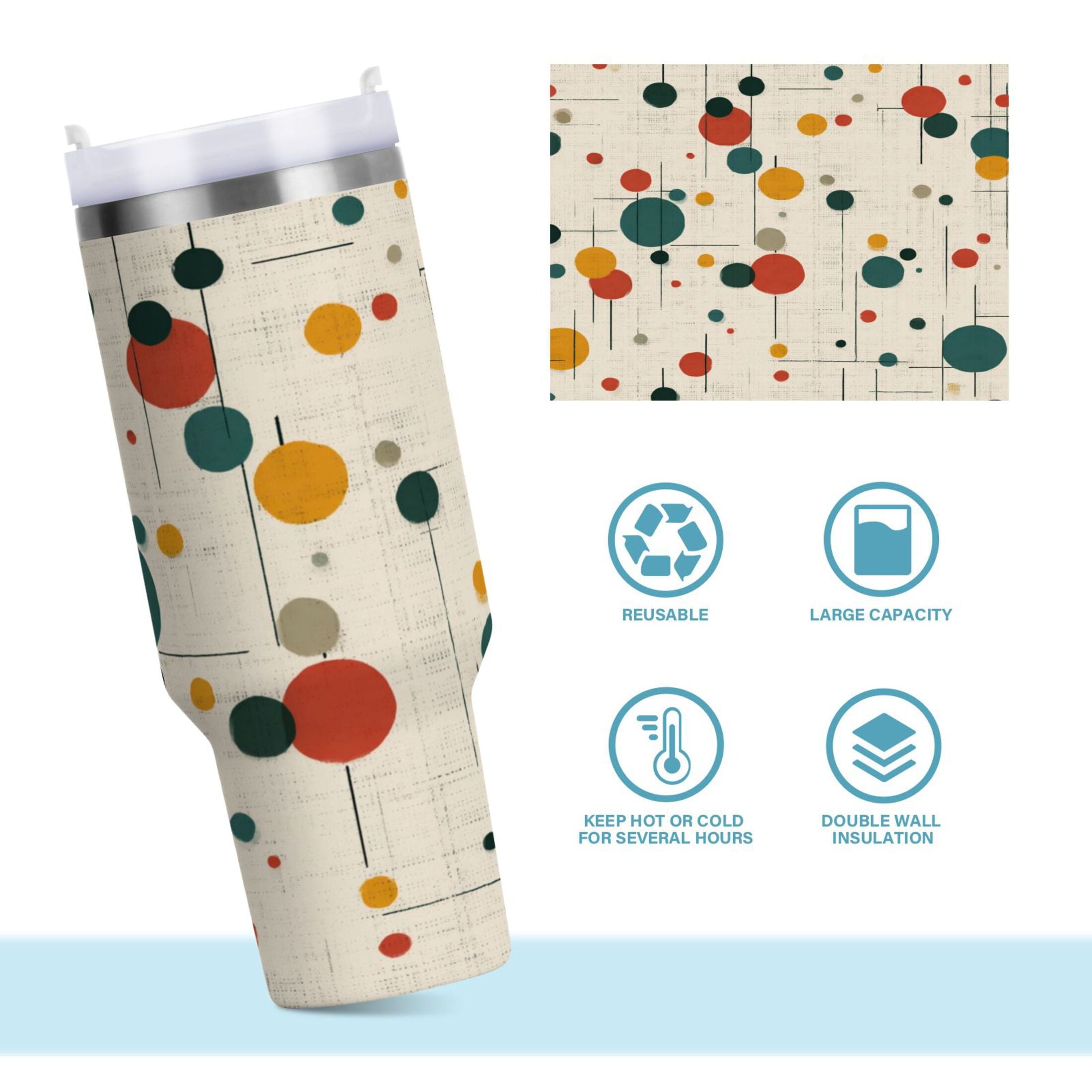 30 oz Insulated Stainless Steel Tumbler Double Wall Stainless Steel Tumbler with 2-Way Drinking Colorful Dots and Lines - M9YA