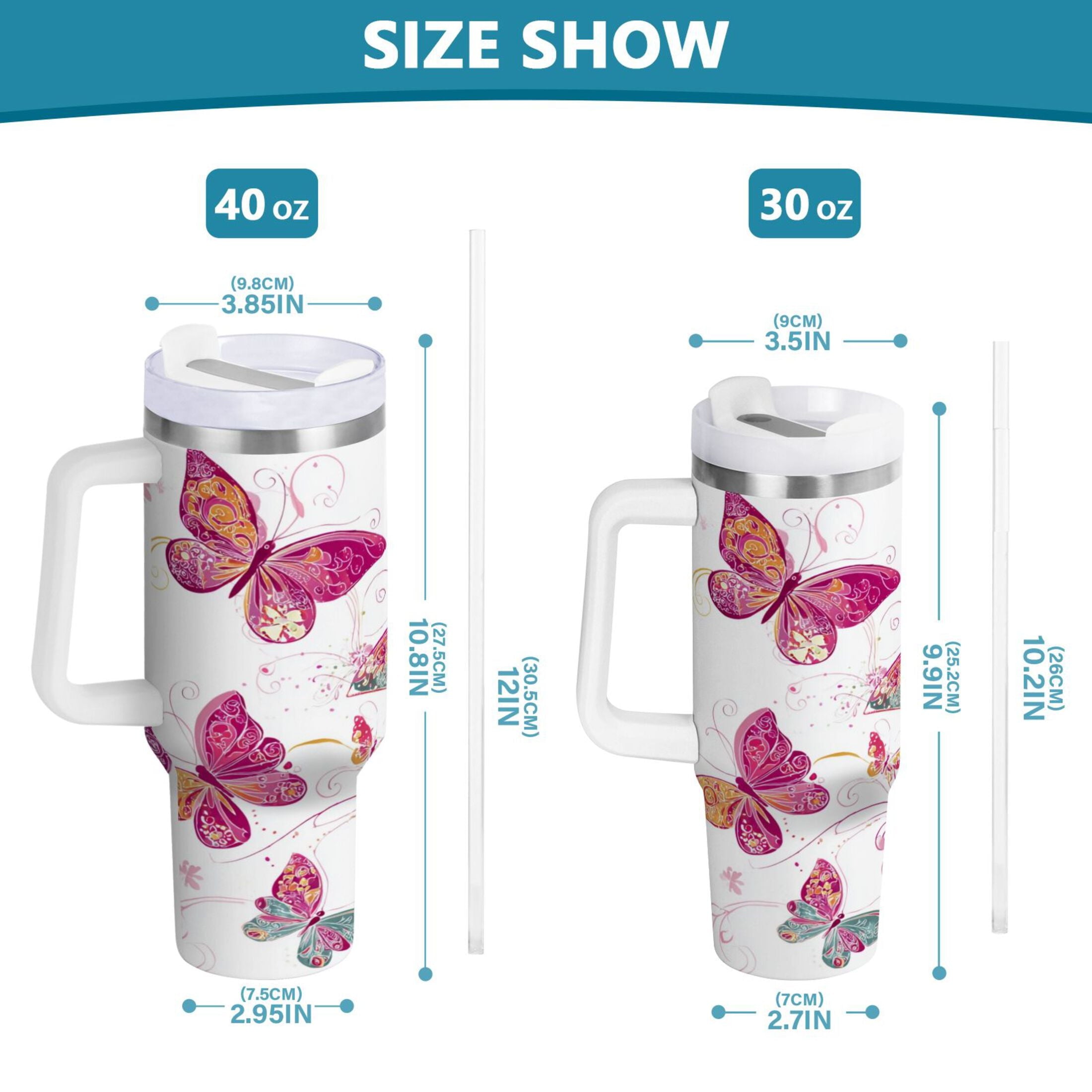 30 oz Insulated Stainless Steel Tumbler Double Wall Stainless Steel Tumbler with 2-Way Drinking Colorful Butterflies - UOAG