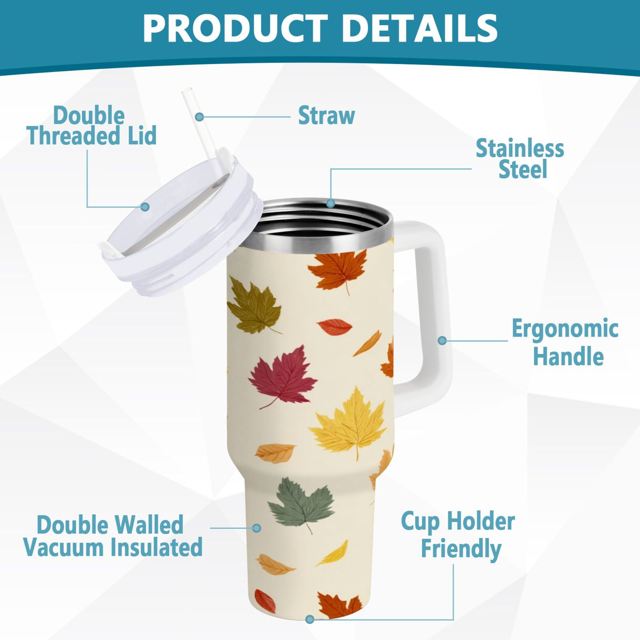 40 oz Insulated Stainless Steel Tumbler Double Wall Stainless Steel Tumbler with 2-Way Drinking Colorful Autumn Leaves Pattern - 7KD3
