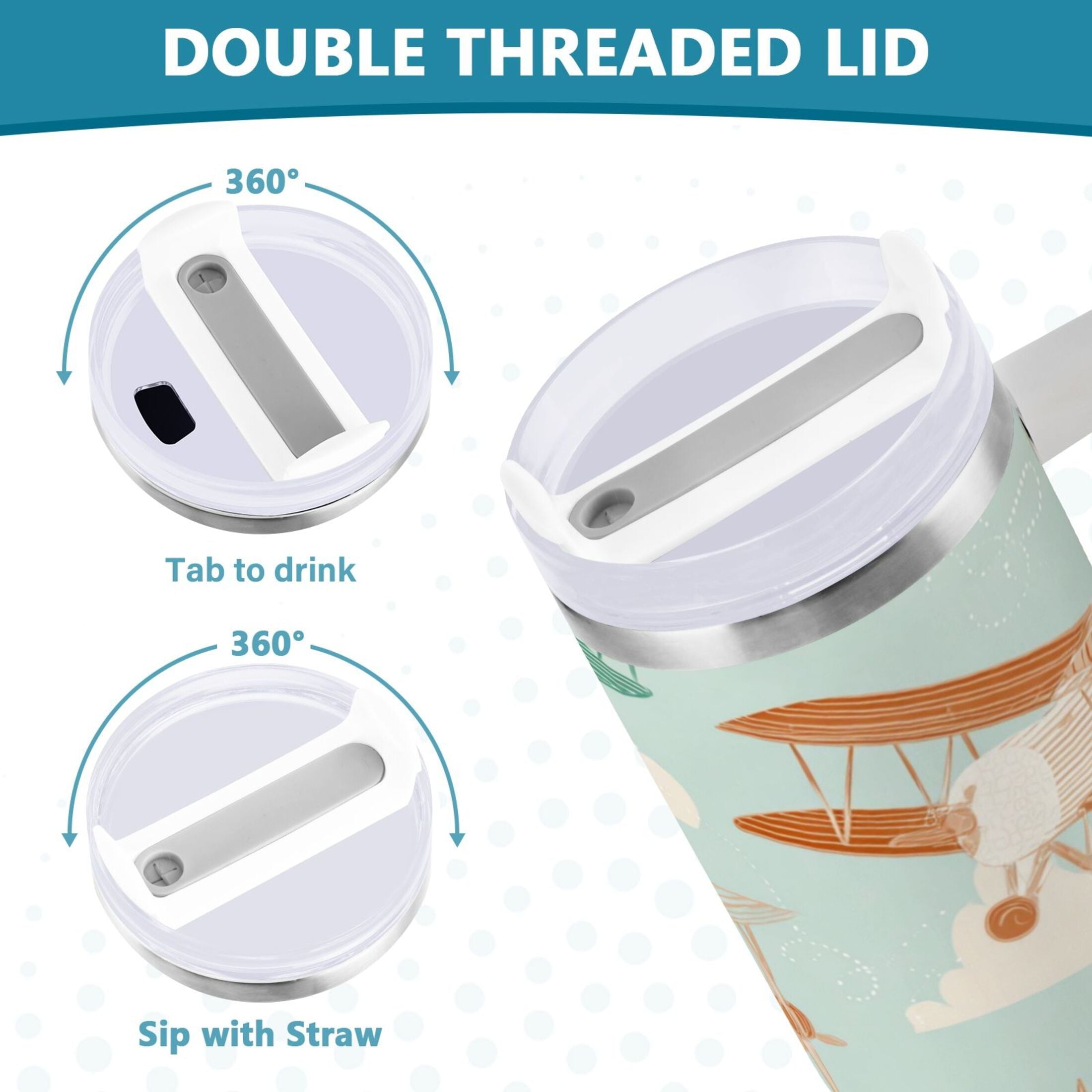 40 oz Insulated Stainless Steel Tumbler Double Wall Stainless Steel Tumbler with 2-Way Drinking Cute Airplanes - PQO3