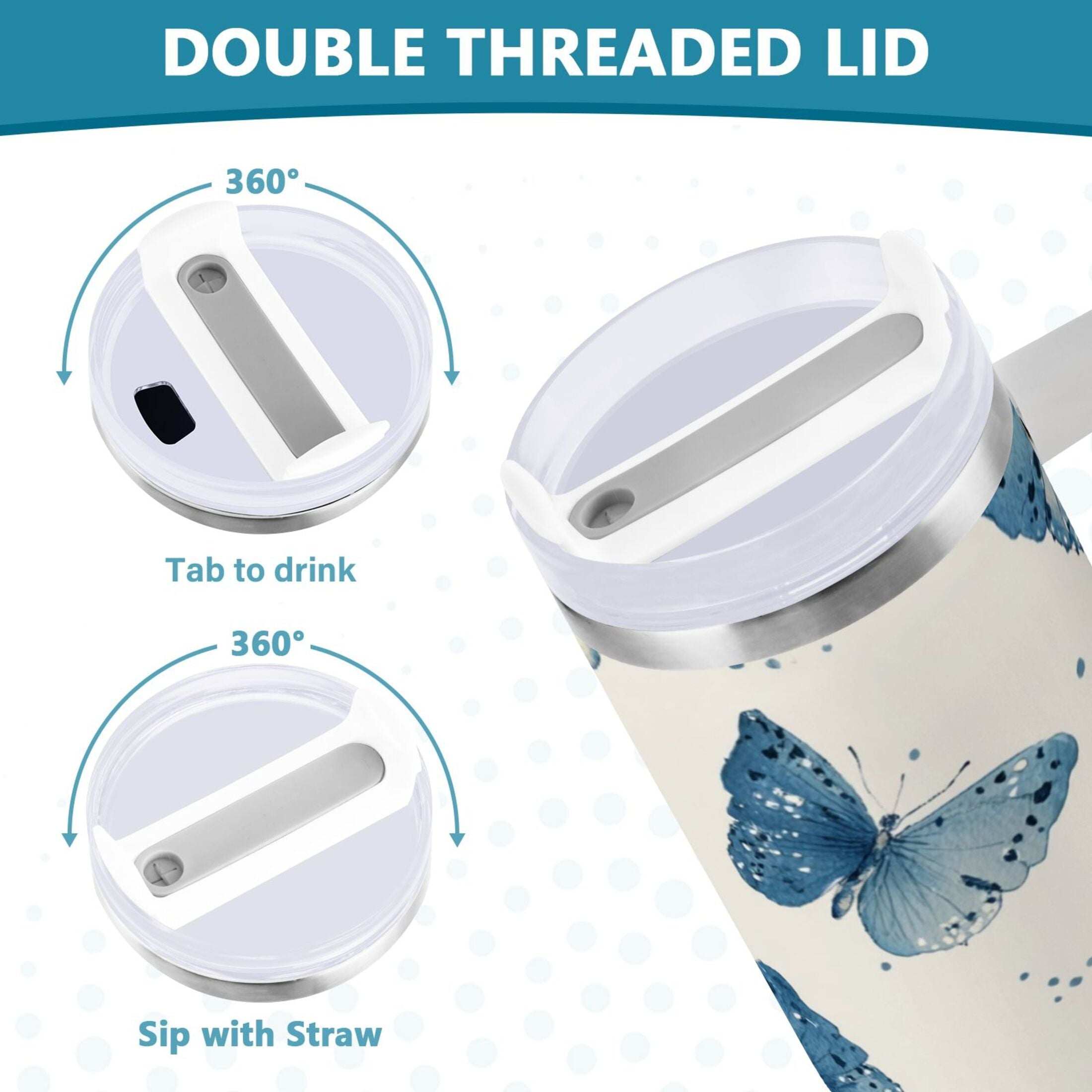 30 oz Insulated Stainless Steel Tumbler Double Wall Stainless Steel Tumbler with 2-Way Drinking Blue Watercolor Butterflies - W7E6