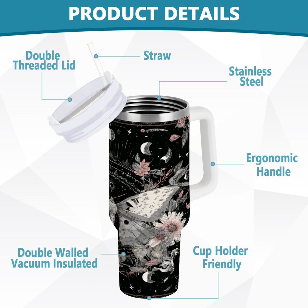 40 oz Insulated Stainless Steel Tumbler Double Wall Stainless Steel Tumbler with 2-Way Drinking Butterfly Surrounded by Flowers - A3EB