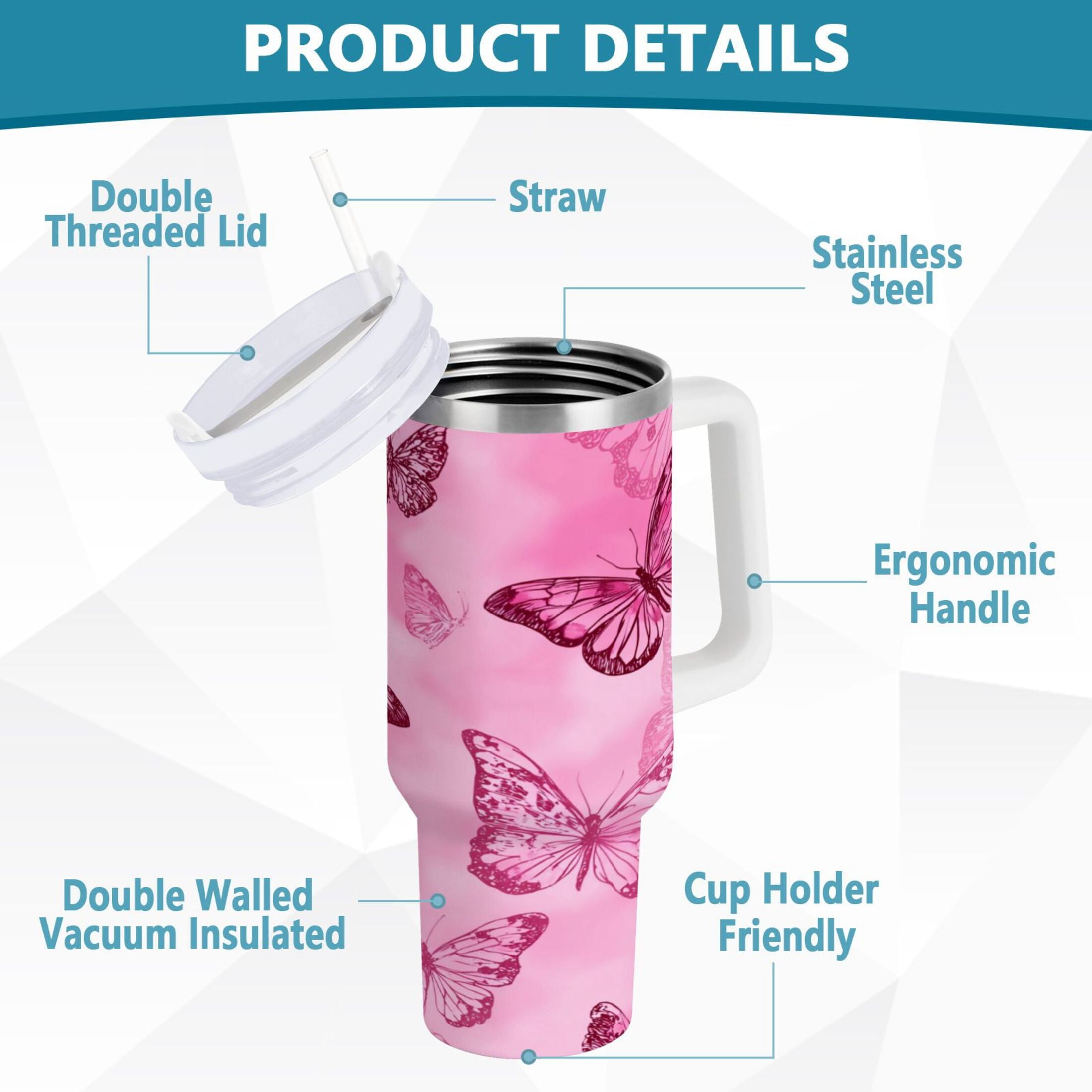 40 oz Insulated Stainless Steel Tumbler Double Wall Stainless Steel Tumbler with 2-Way Drinking Pink Butterfly Pattern - FMB4