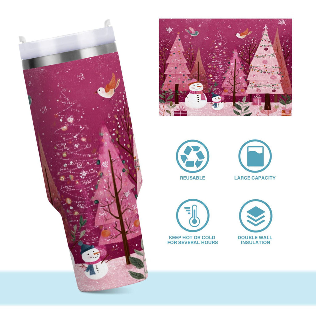 40 oz Insulated Stainless Steel Tumbler Double Wall Stainless Steel Tumbler with 2-Way Drinking Pink Christmas Forest - CEY3