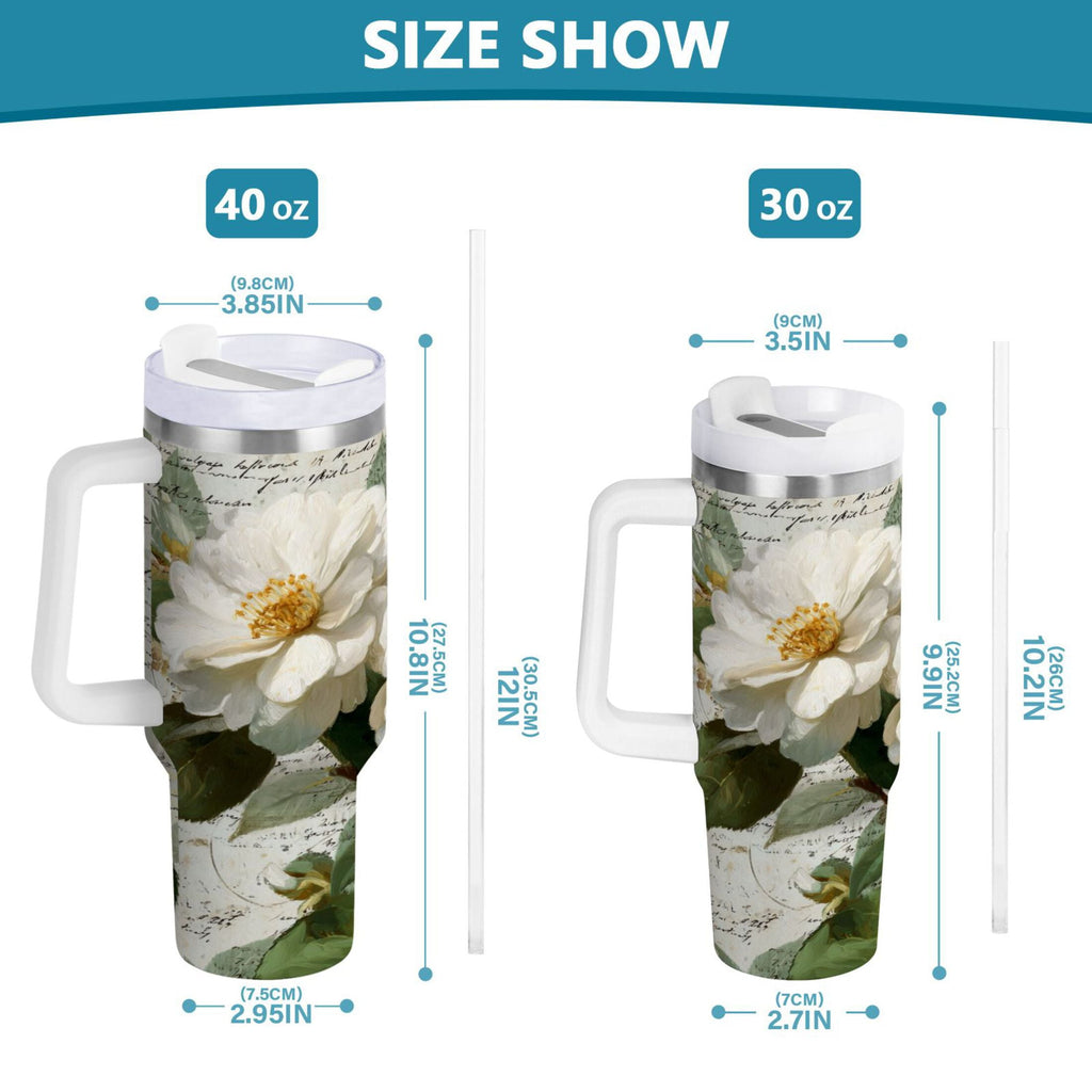 40 oz Insulated Stainless Steel Tumbler Double Wall Stainless Steel Tumbler with 2-Way Drinking Vintage White Camellias - ULA6