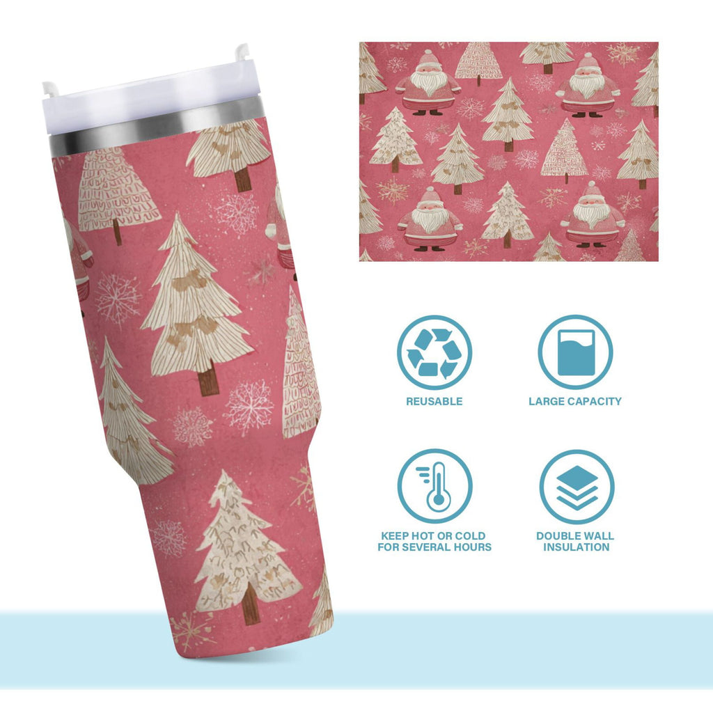 40 oz Insulated Stainless Steel Tumbler Double Wall Stainless Steel Tumbler with 2-Way Drinking Pink Santa Claus Pattern - SZTV
