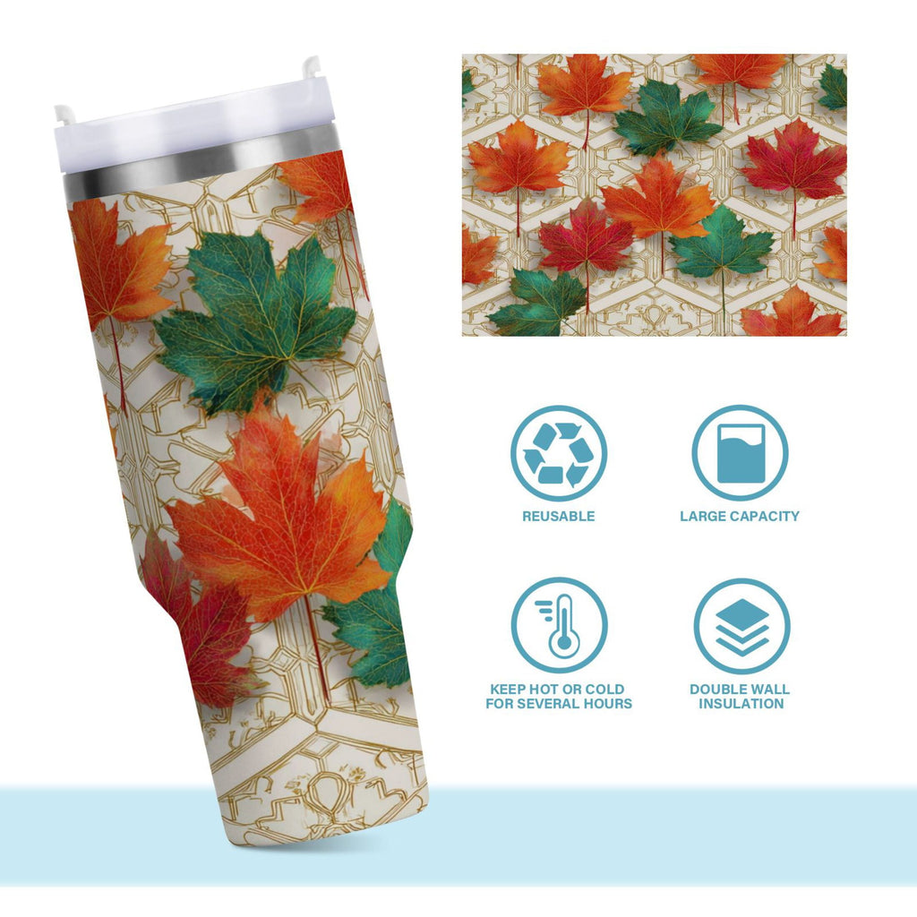 30 oz Insulated Stainless Steel Tumbler Double Wall Stainless Steel Tumbler with 2-Way Drinking Green and Red Maple Leaves - 8TKP