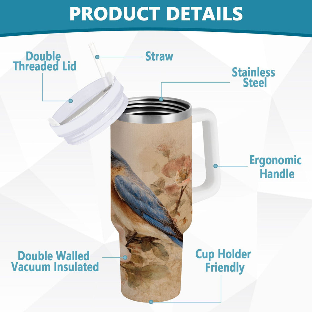 40 oz Insulated Stainless Steel Tumbler Double Wall Stainless Steel Tumbler with 2-Way Drinking Bluebird and Ancient Flowers - LIU7