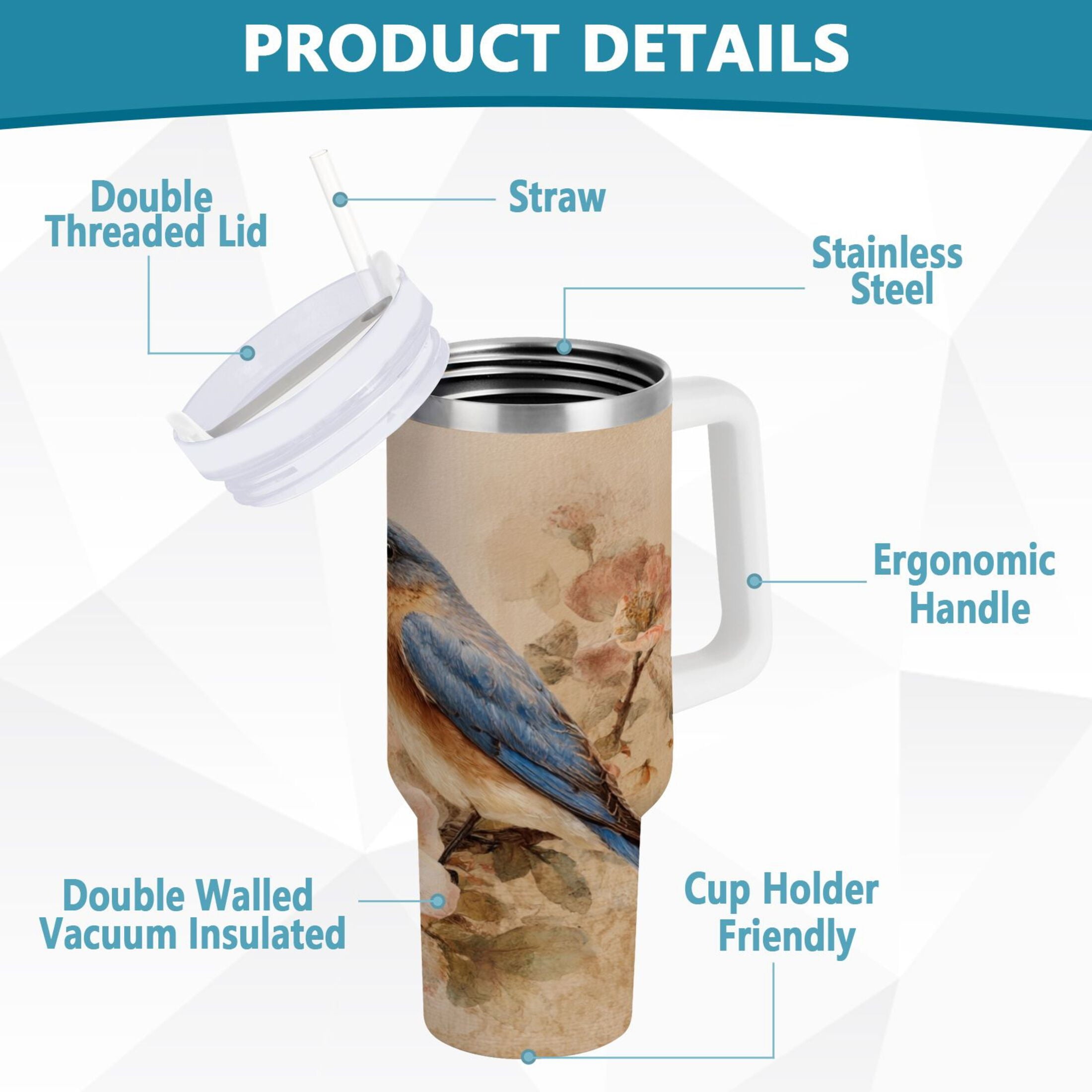 40 oz Insulated Stainless Steel Tumbler Double Wall Stainless Steel Tumbler with 2-Way Drinking Bluebird and Ancient Flowers - LIU7