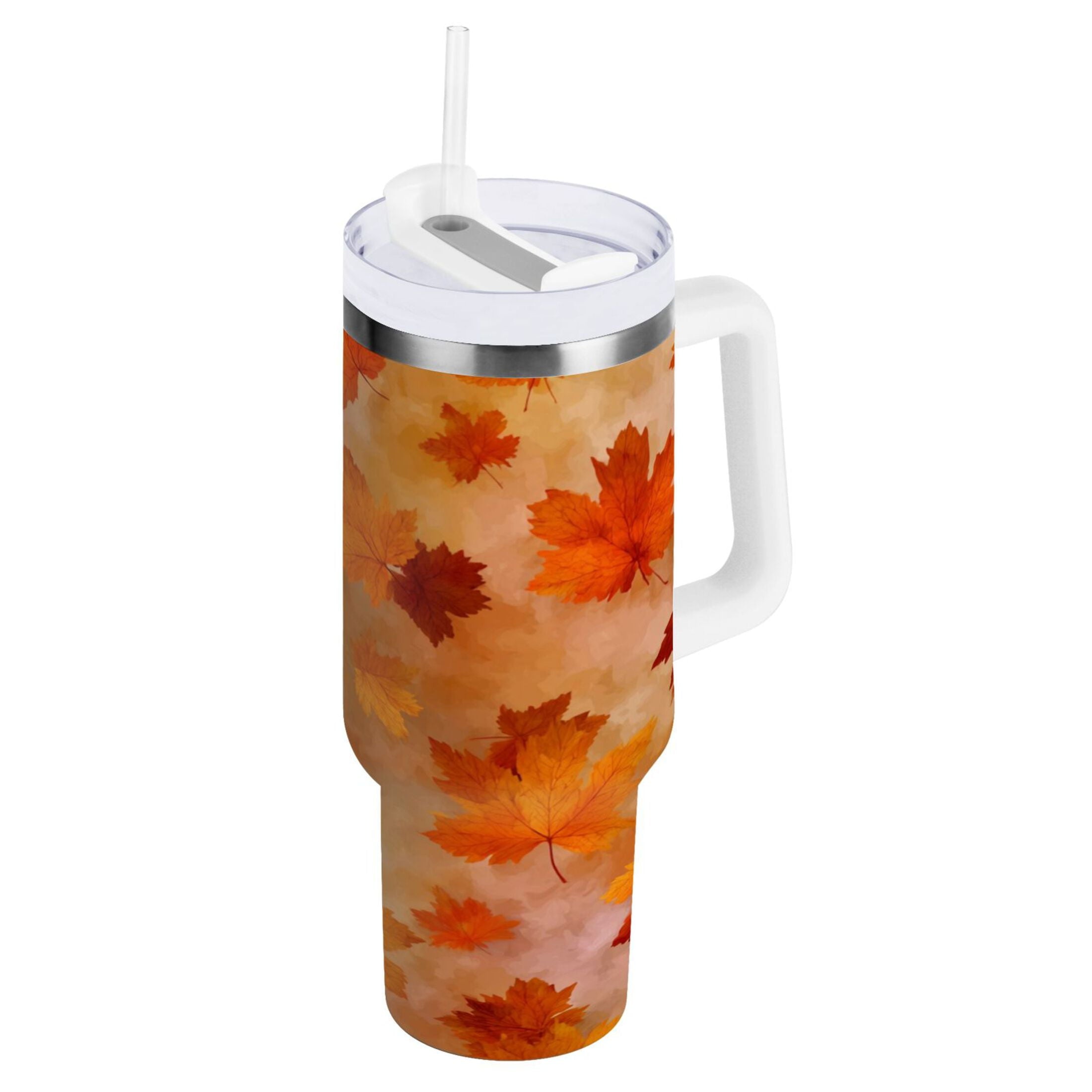 40 oz Insulated Stainless Steel Tumbler Double Wall Stainless Steel Tumbler with 2-Way Drinking Orange and Brown Autumn Leaves - AZ17