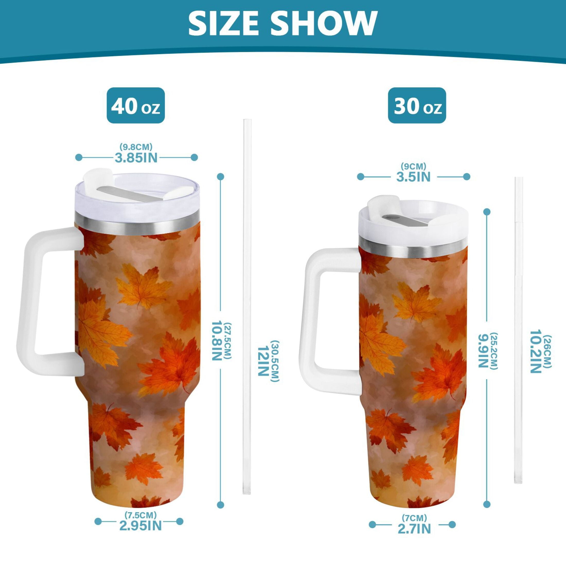 40 oz Insulated Stainless Steel Tumbler Double Wall Stainless Steel Tumbler with 2-Way Drinking Orange and Brown Autumn Leaves - AZ17