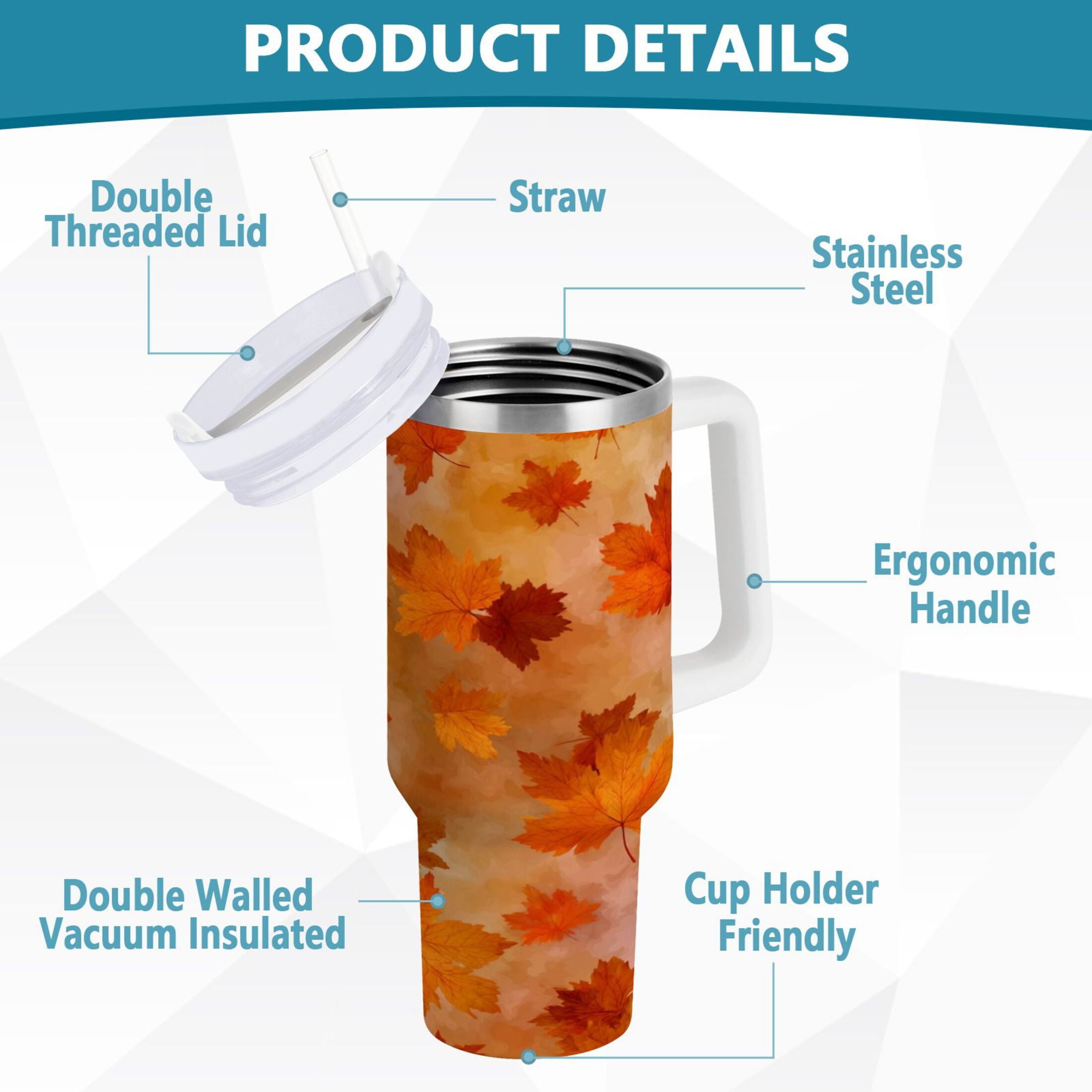 40 oz Insulated Stainless Steel Tumbler Double Wall Stainless Steel Tumbler with 2-Way Drinking Orange and Brown Autumn Leaves - AZ17