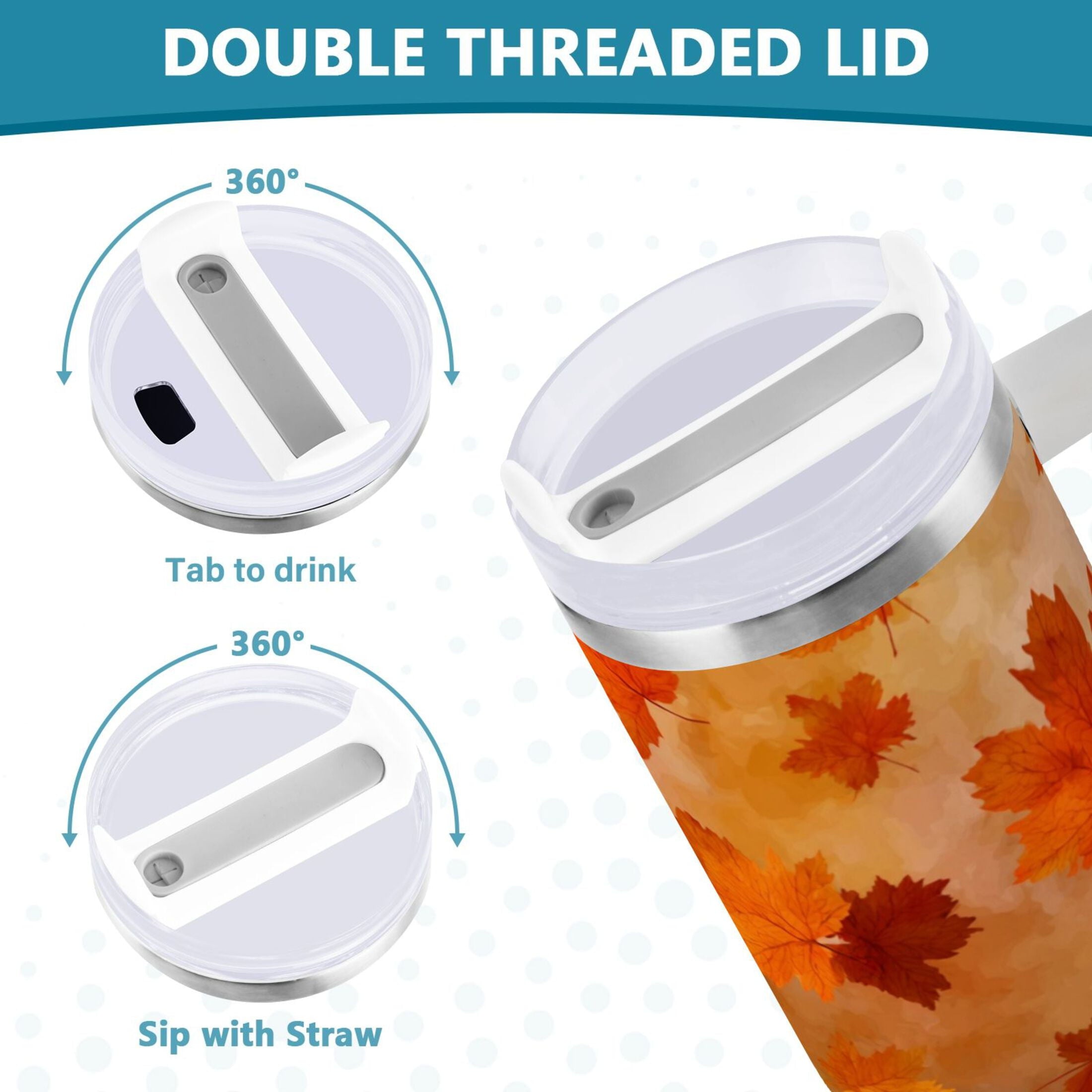 40 oz Insulated Stainless Steel Tumbler Double Wall Stainless Steel Tumbler with 2-Way Drinking Orange and Brown Autumn Leaves - AZ17