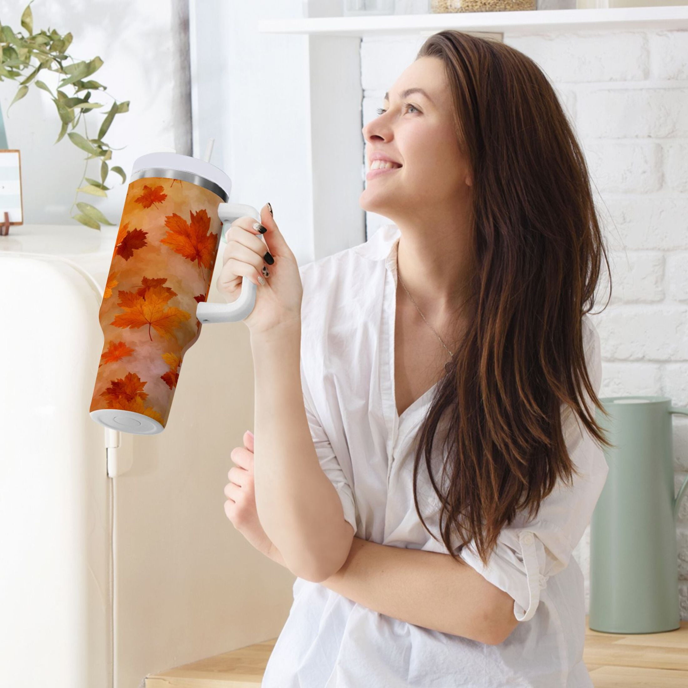 40 oz Insulated Stainless Steel Tumbler Double Wall Stainless Steel Tumbler with 2-Way Drinking Orange and Brown Autumn Leaves - AZ17