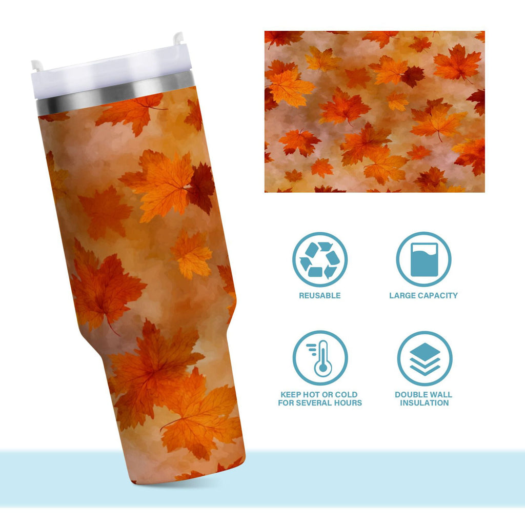 40 oz Insulated Stainless Steel Tumbler Double Wall Stainless Steel Tumbler with 2-Way Drinking Orange and Brown Autumn Leaves - AZ17