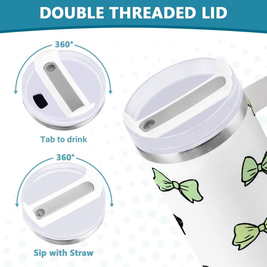 40 oz Insulated Stainless Steel Tumbler Double Wall Stainless Steel Tumbler with 2-Way Drinking Green and Black Bows - YM13