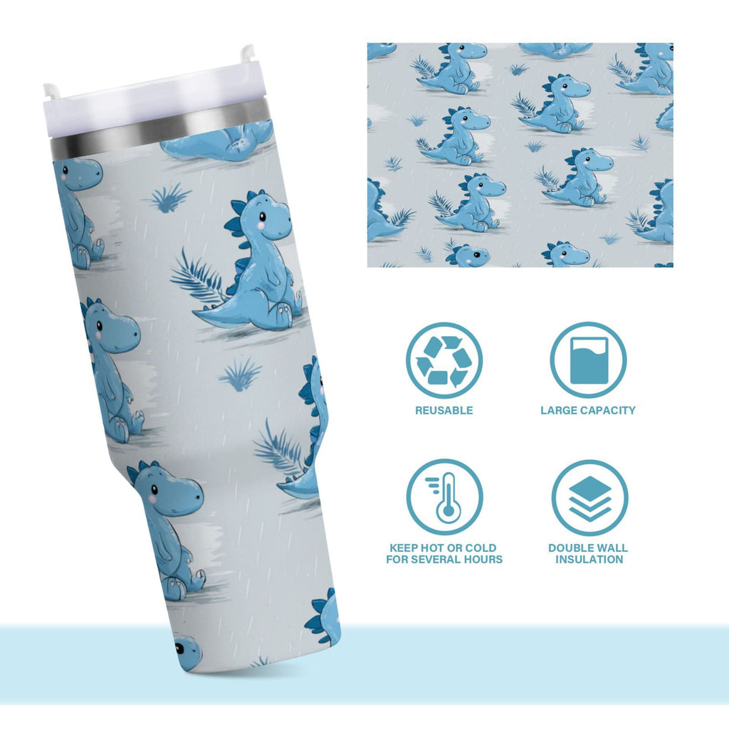 30 oz Insulated Stainless Steel Tumbler Double Wall Stainless Steel Tumbler with 2-Way Drinking Cartoon Blue Dinosaurs - A1AT