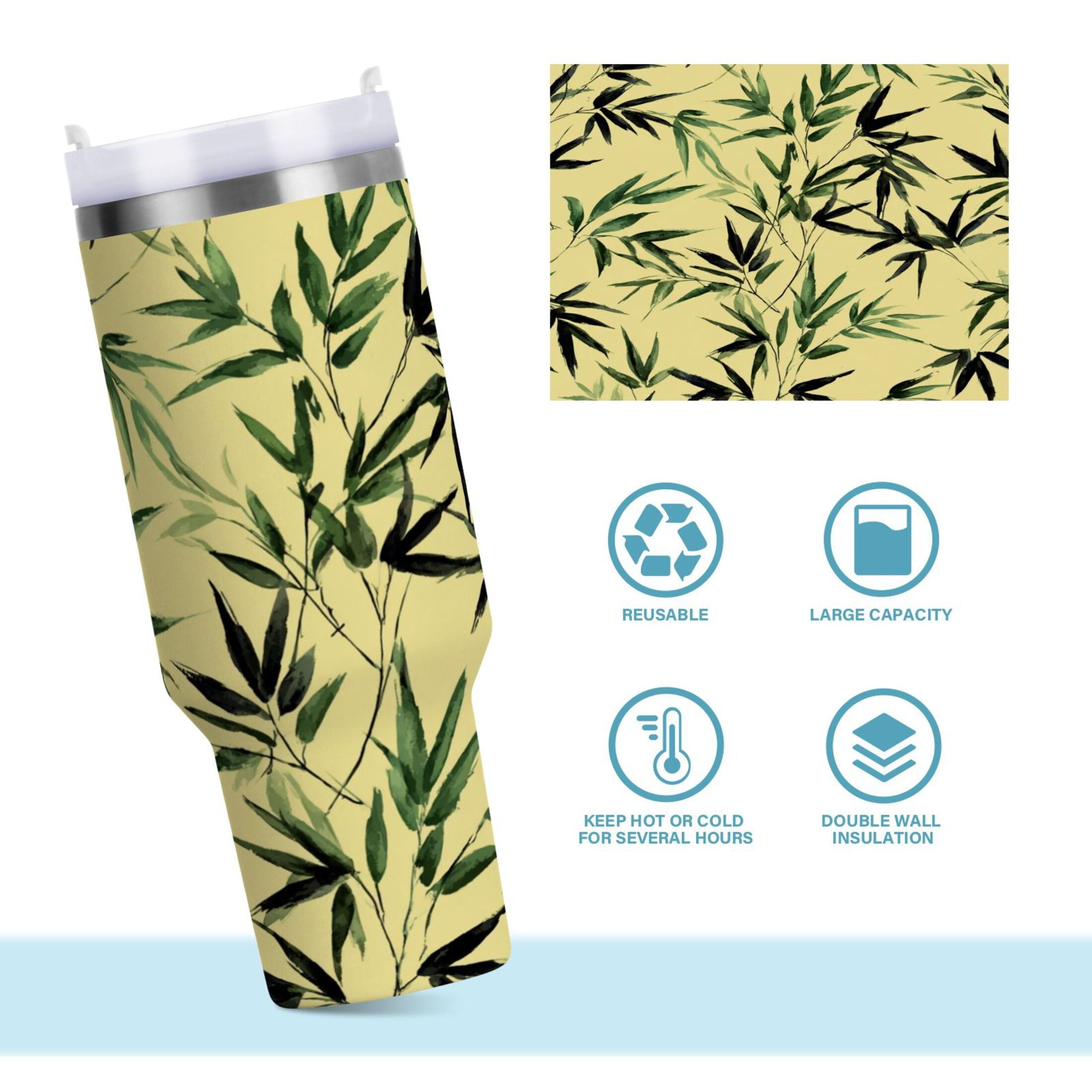 30 oz Insulated Stainless Steel Tumbler Double Wall Stainless Steel Tumbler with 2-Way Drinking Bamboo and Green Leaves - G009