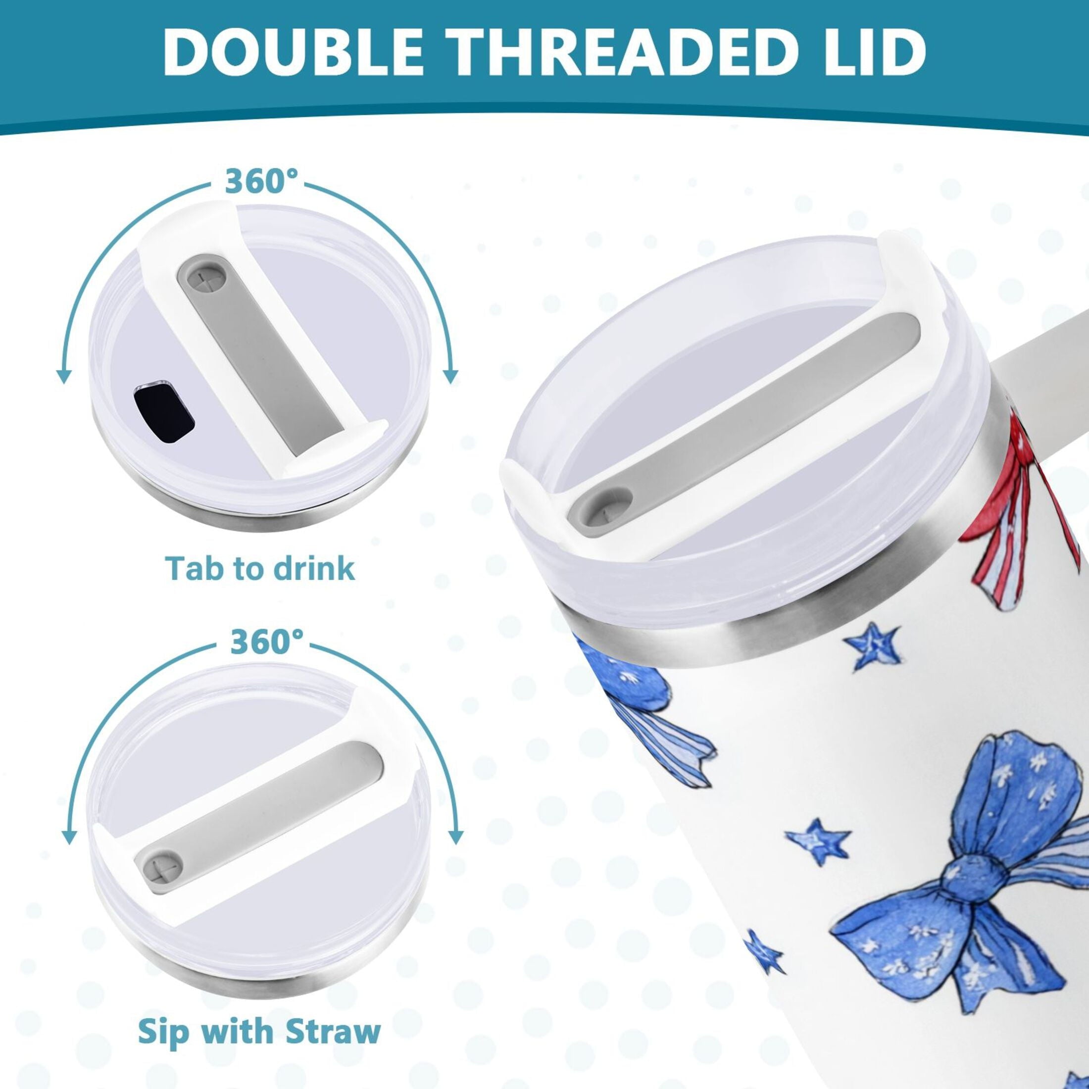 40 oz Insulated Stainless Steel Tumbler Double Wall Stainless Steel Tumbler with 2-Way Drinking Hand-drawn Bows - W63P