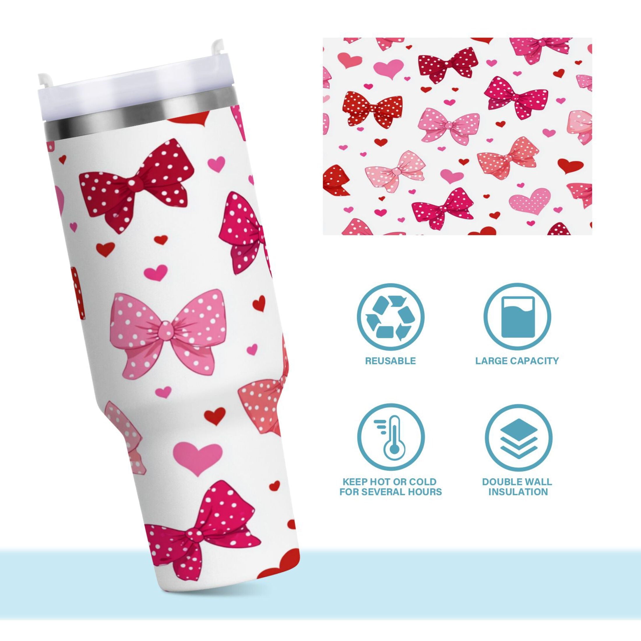 30 oz Insulated Stainless Steel Tumbler Double Wall Stainless Steel Tumbler with 2-Way Drinking Red and Pink Bows - MYYZ