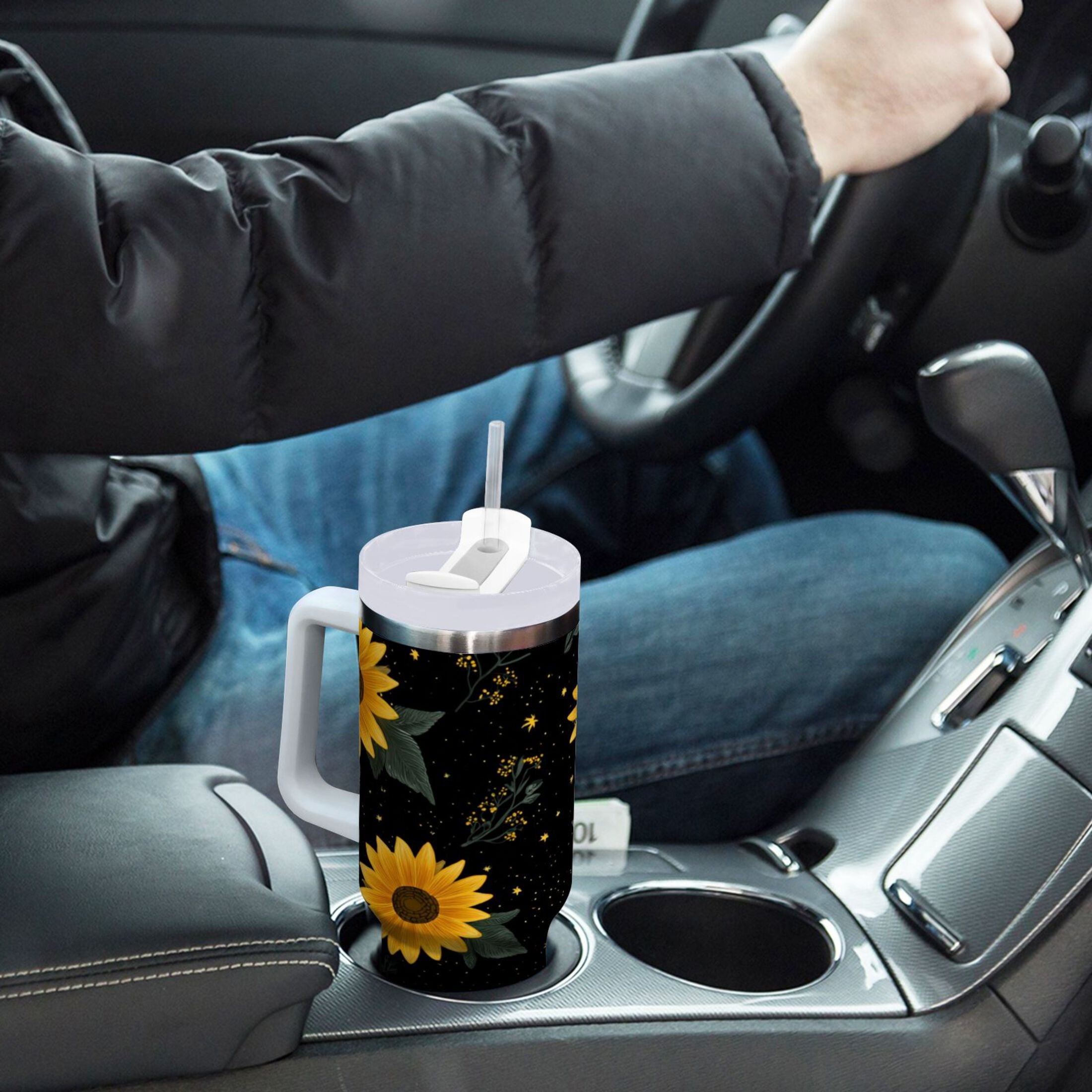 30 oz Insulated Stainless Steel Tumbler Double Wall Stainless Steel Tumbler with 2-Way Drinking Yellow Sunflower Pattern - 65JK