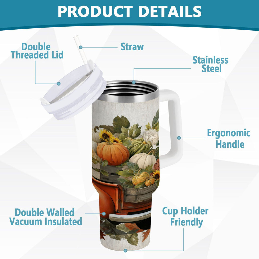 40 oz Insulated Stainless Steel Tumbler Double Wall Stainless Steel Tumbler with 2-Way Drinking Truck Full Of Pumpkins - JEDA