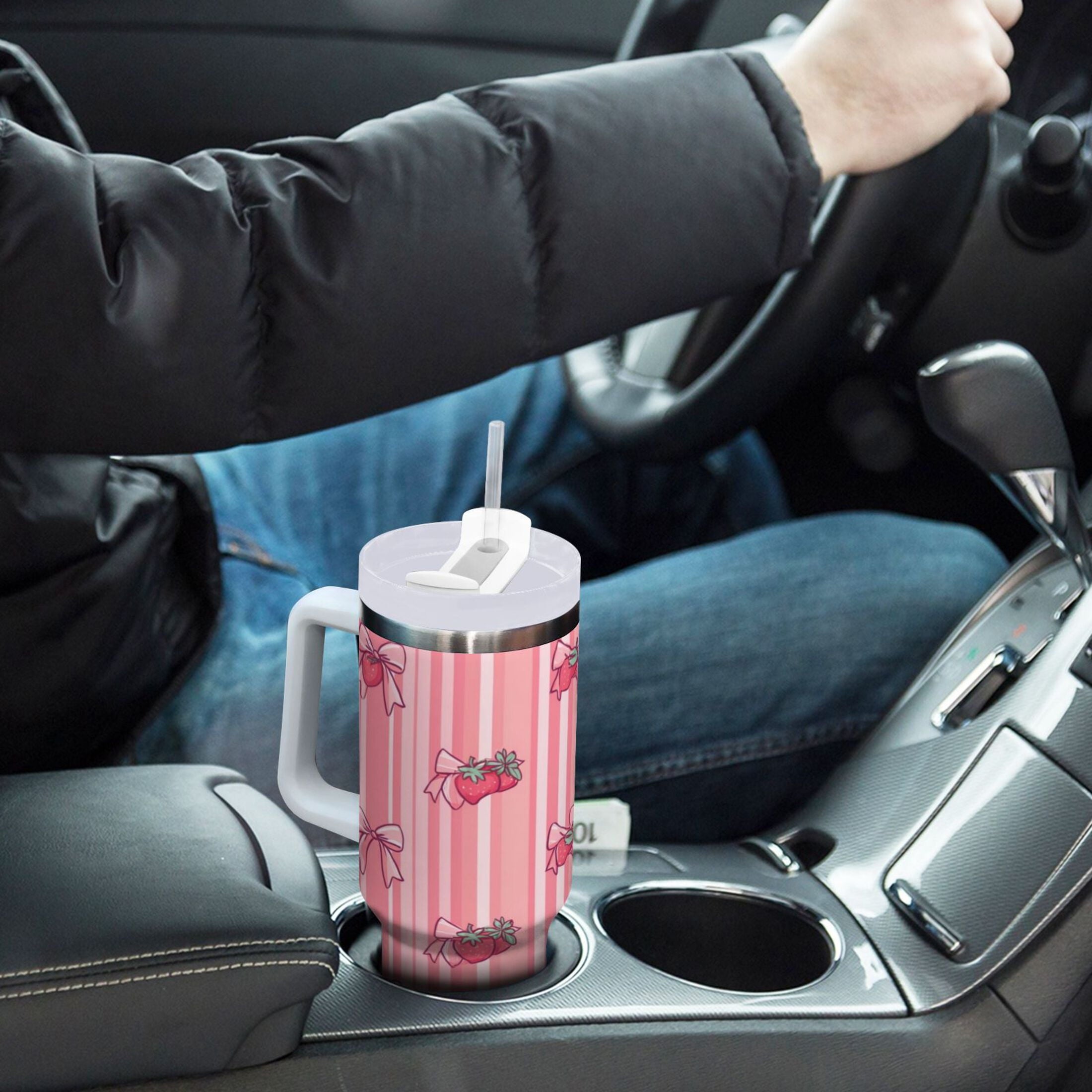 30 oz Insulated Stainless Steel Tumbler Double Wall Stainless Steel Tumbler with 2-Way Drinking Pink Bows and Strawberries - 7C3S