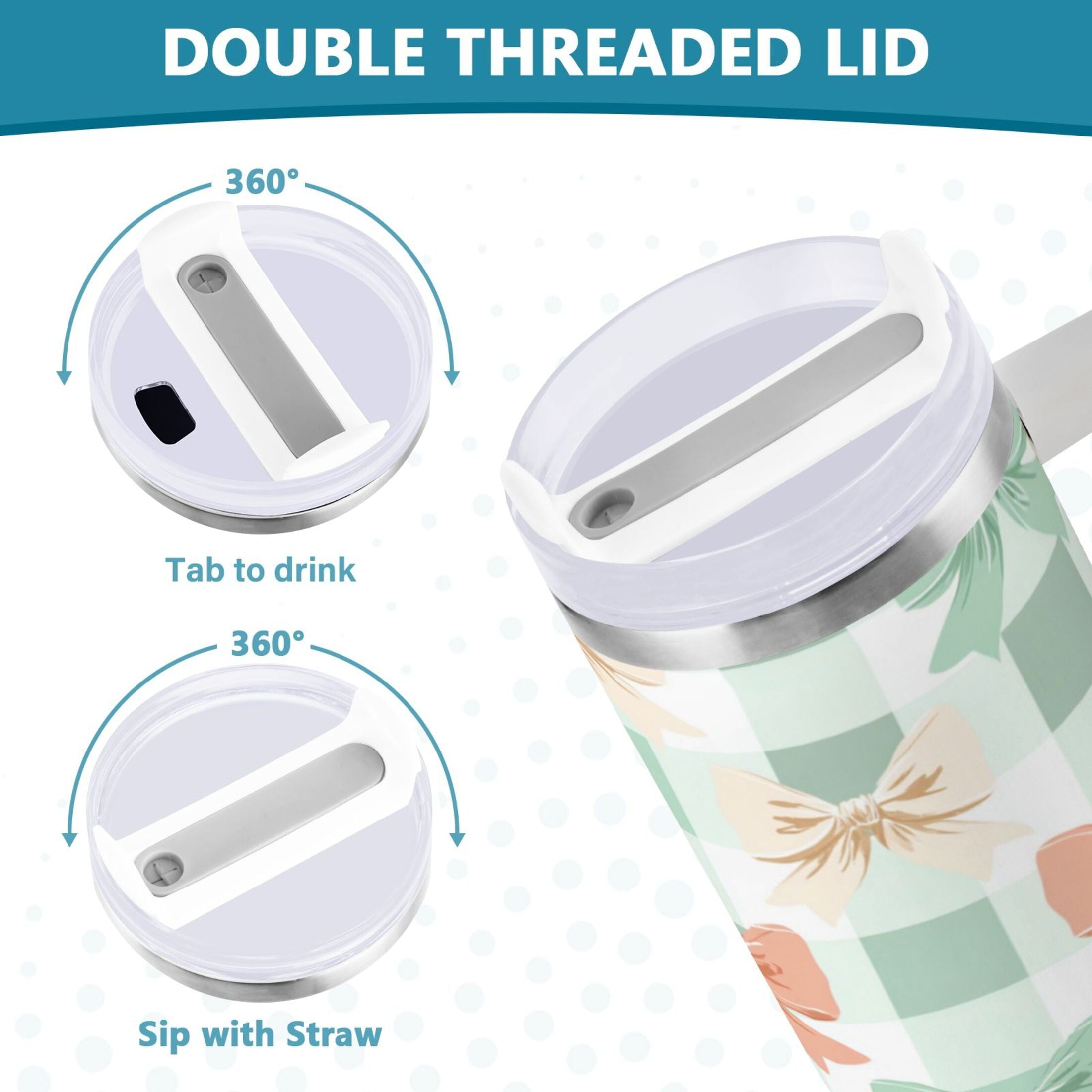 40 oz Insulated Stainless Steel Tumbler Double Wall Stainless Steel Tumbler with 2-Way Drinking Green and Peach Bow Pattern - 194H
