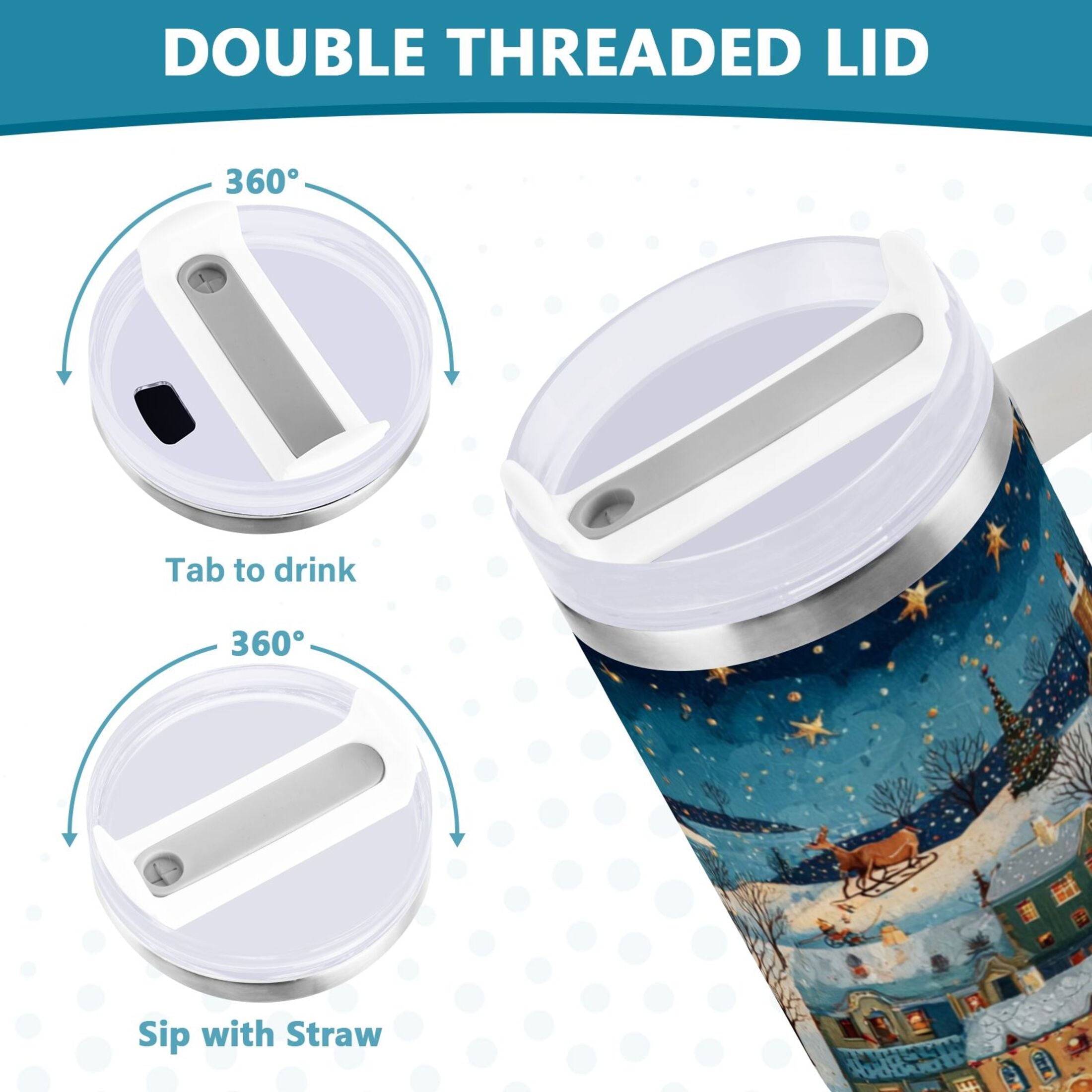 30 oz Insulated Stainless Steel Tumbler Double Wall Stainless Steel Tumbler with 2-Way Drinking Whimsical Christmas Scene - 3D9Z