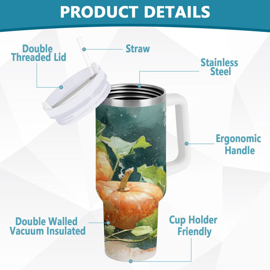 40 oz Insulated Stainless Steel Tumbler Double Wall Stainless Steel Tumbler with 2-Way Drinking Orange and White Pumpkins - 4FTC