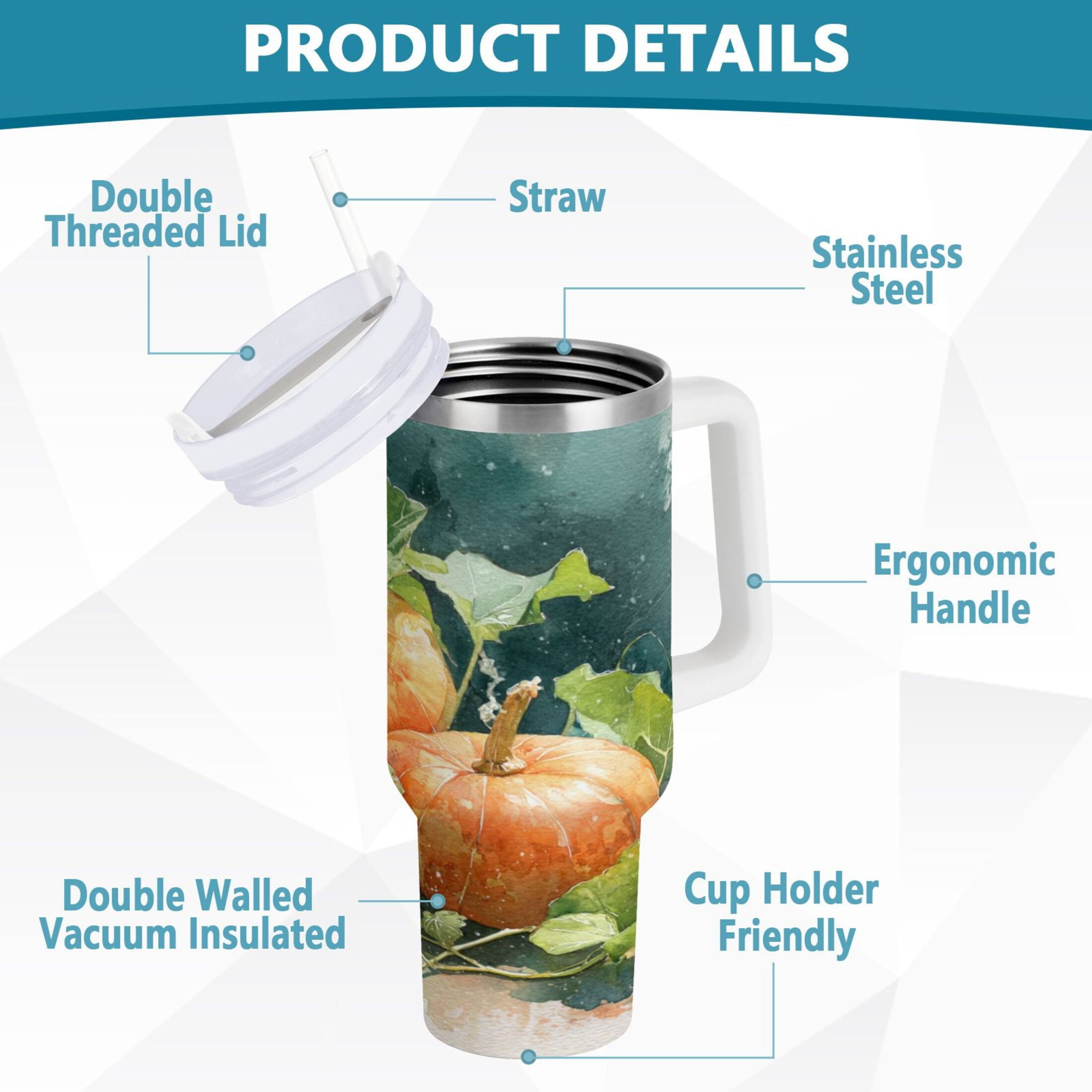 40 oz Insulated Stainless Steel Tumbler Double Wall Stainless Steel Tumbler with 2-Way Drinking Orange and White Pumpkins - 4FTC