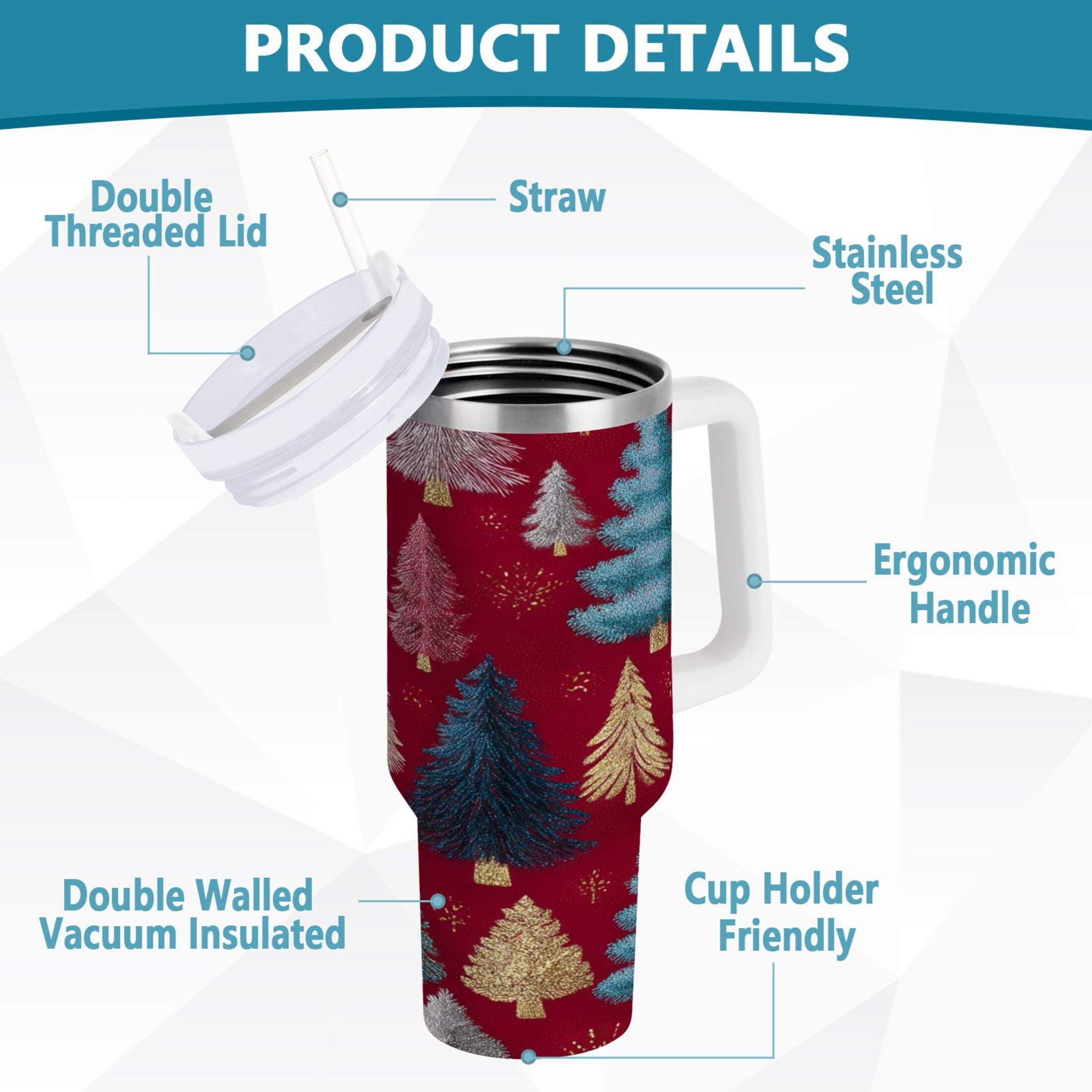30 oz Insulated Stainless Steel Tumbler Double Wall Stainless Steel Tumbler with 2-Way Drinking Stylized Christmas Trees - 52F6
