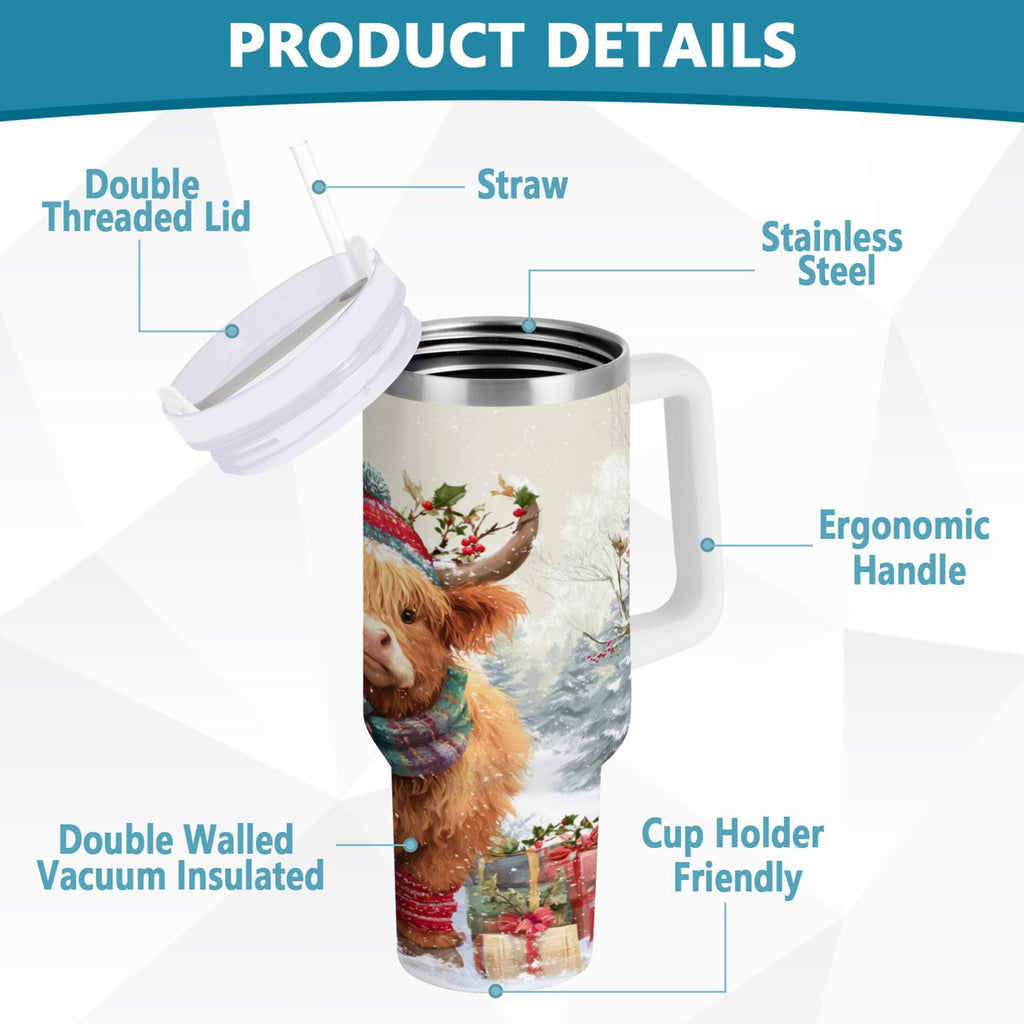30 oz Insulated Stainless Steel Tumbler Double Wall Stainless Steel Tumbler with 2-Way Drinking Cow Wearing Christmas Hat - QIV6