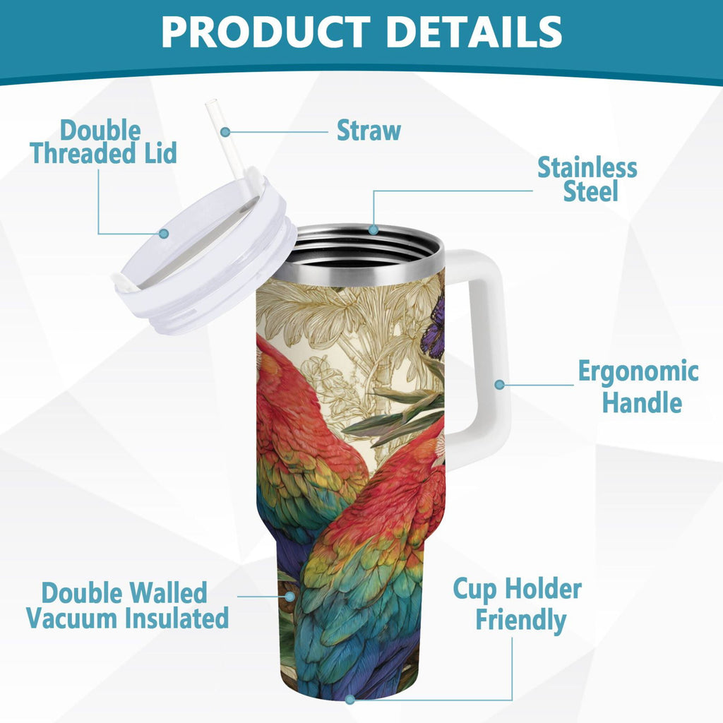 30 oz Insulated Stainless Steel Tumbler Double Wall Stainless Steel Tumbler with 2-Way Drinking Colorful Beautiful Parrots - SJFC