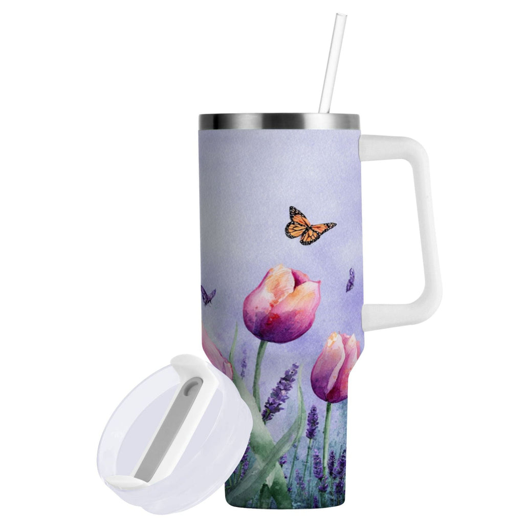 30 oz Insulated Stainless Steel Tumbler Double Wall Stainless Steel Tumbler with 2-Way Drinking Watercolor Tulips and Lavender - DBQV