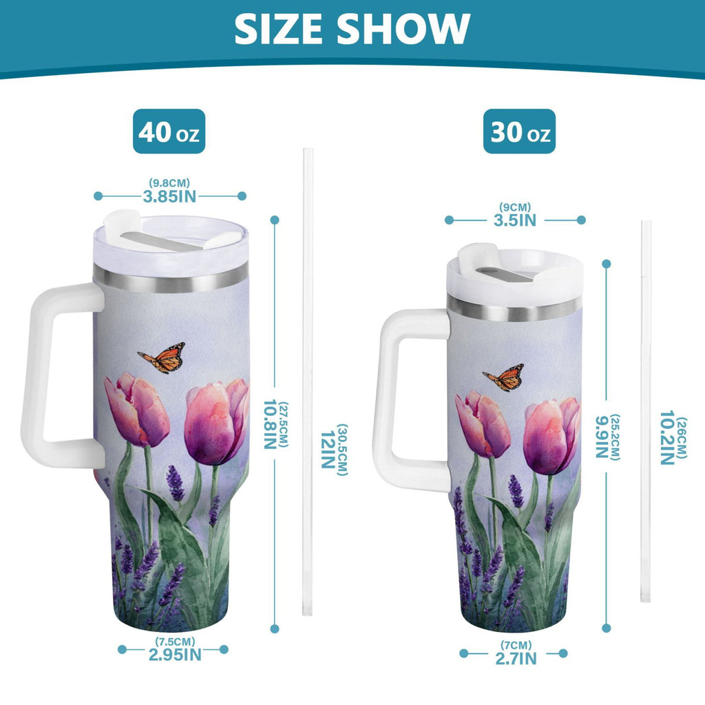 30 oz Insulated Stainless Steel Tumbler Double Wall Stainless Steel Tumbler with 2-Way Drinking Watercolor Tulips and Lavender - DBQV