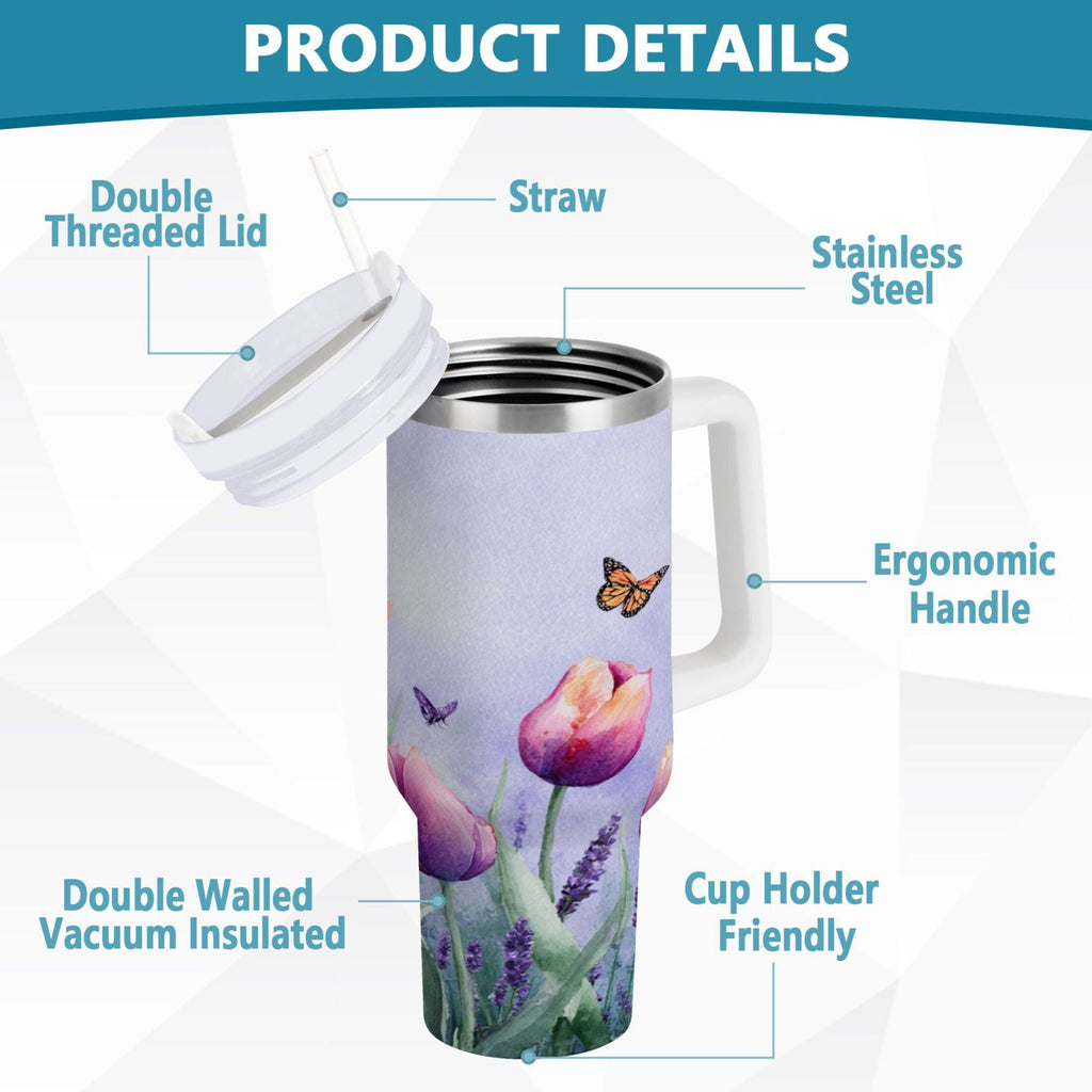 30 oz Insulated Stainless Steel Tumbler Double Wall Stainless Steel Tumbler with 2-Way Drinking Watercolor Tulips and Lavender - DBQV