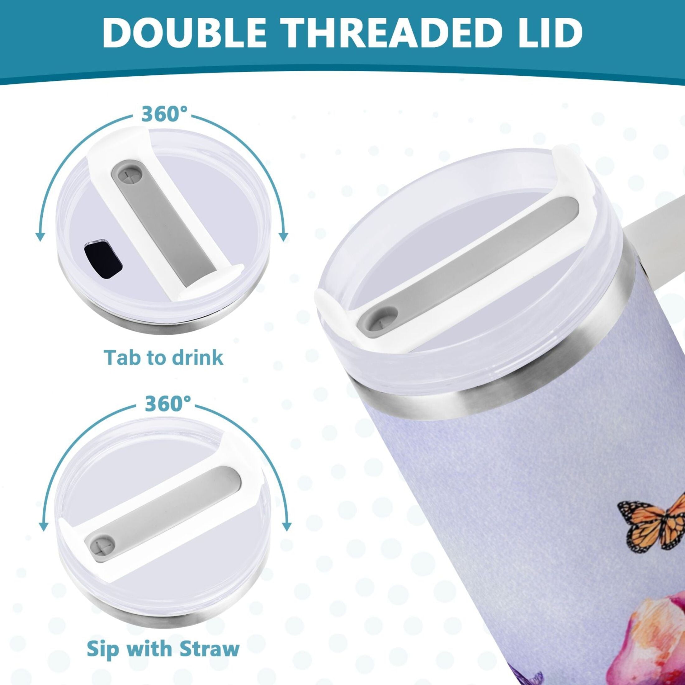 30 oz Insulated Stainless Steel Tumbler Double Wall Stainless Steel Tumbler with 2-Way Drinking Watercolor Tulips and Lavender - DBQV