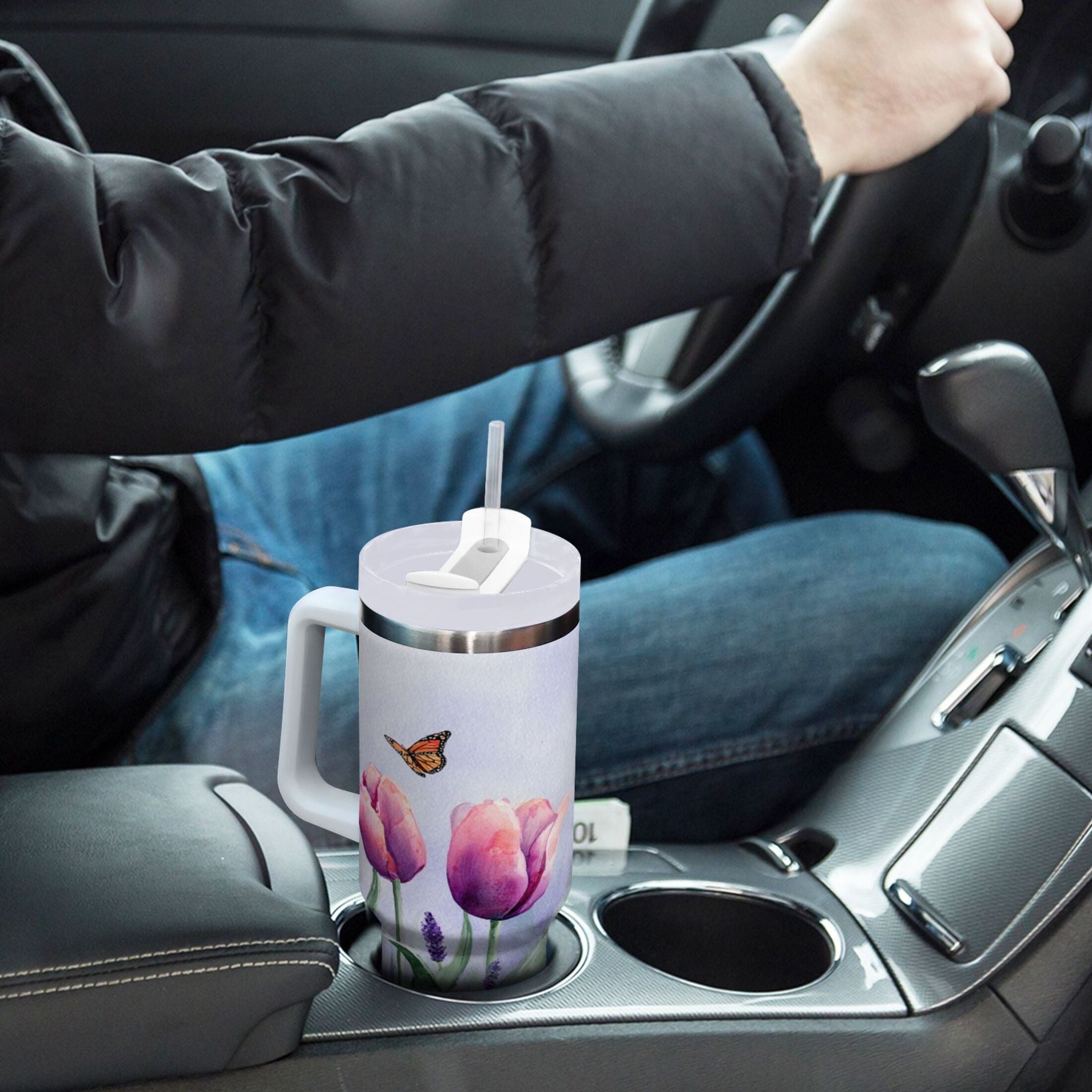 30 oz Insulated Stainless Steel Tumbler Double Wall Stainless Steel Tumbler with 2-Way Drinking Watercolor Tulips and Lavender - DBQV